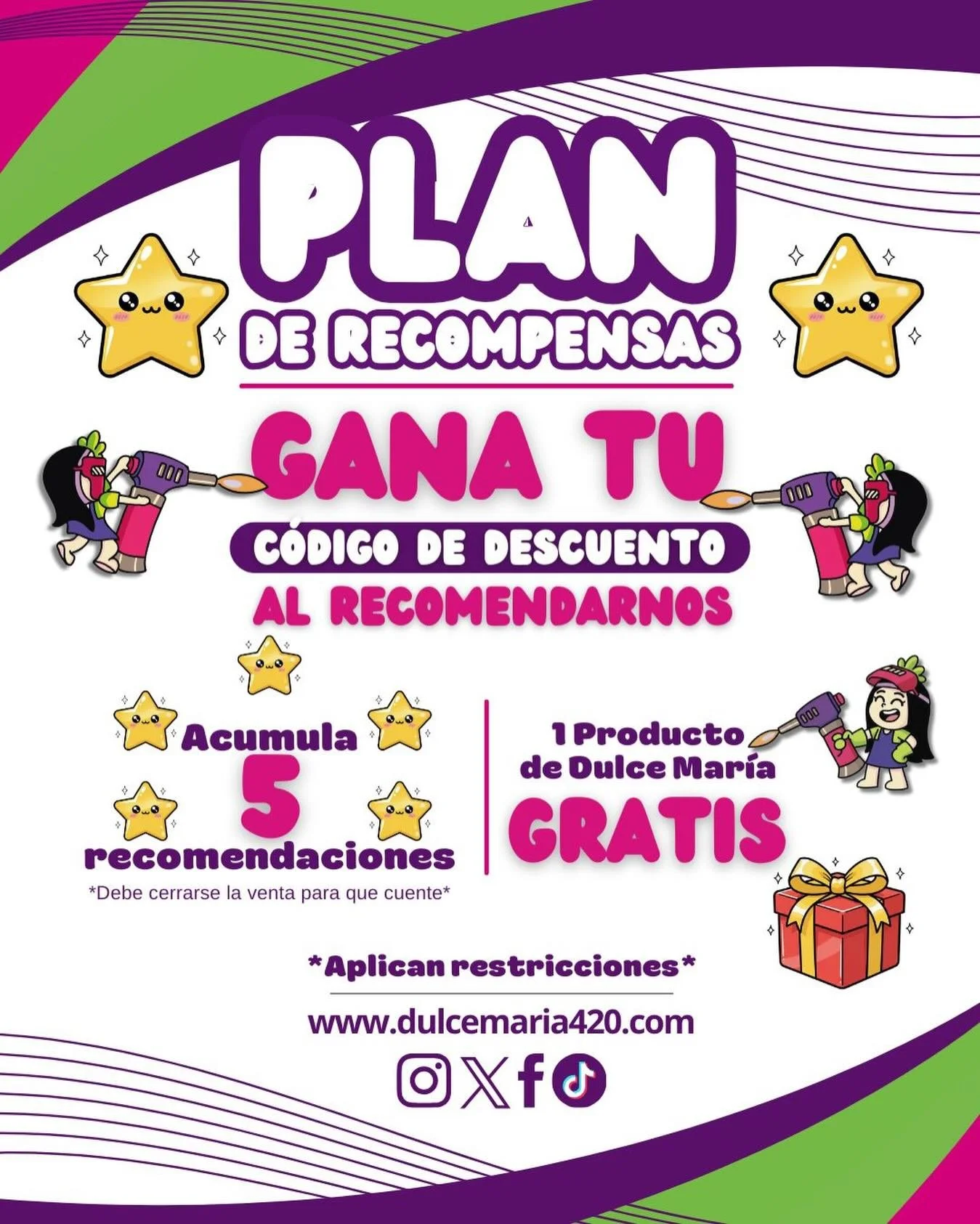 ✨ Plan de Recompensas Dulce Mar&iacute;a ✨

&iquest;Te gusta lo que hacemos? 💫
Recomi&eacute;ndanos y gana.

⭐ Por cada recomendaci&oacute;n que se convierta en venta, acumulas estrellas.
⭐ Al juntar 5 recomendaciones, te llevas 1 producto de Dulce 
