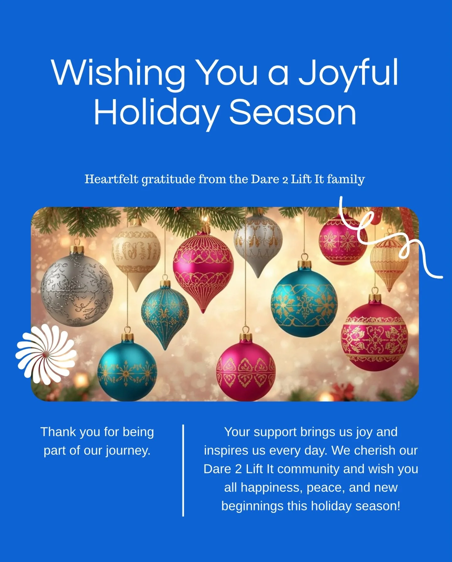 Holiday cheers from the Dare 2 Lift It family! 🎄✨
Wishing you joy, peace, and fresh beginnings&mdash;today and into the new year.
Thank you for being here, for growing with us, and for choosing healing. 🤍

What&rsquo;s ONE word you&rsquo;re carryin