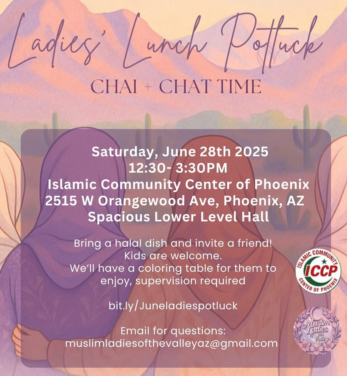 Sisters&rsquo; Potluck
Saturday, June 28th 2025
12:30- 3:30PM
ICCP
2515 W Orangewood Ave, Phoenix, AZ