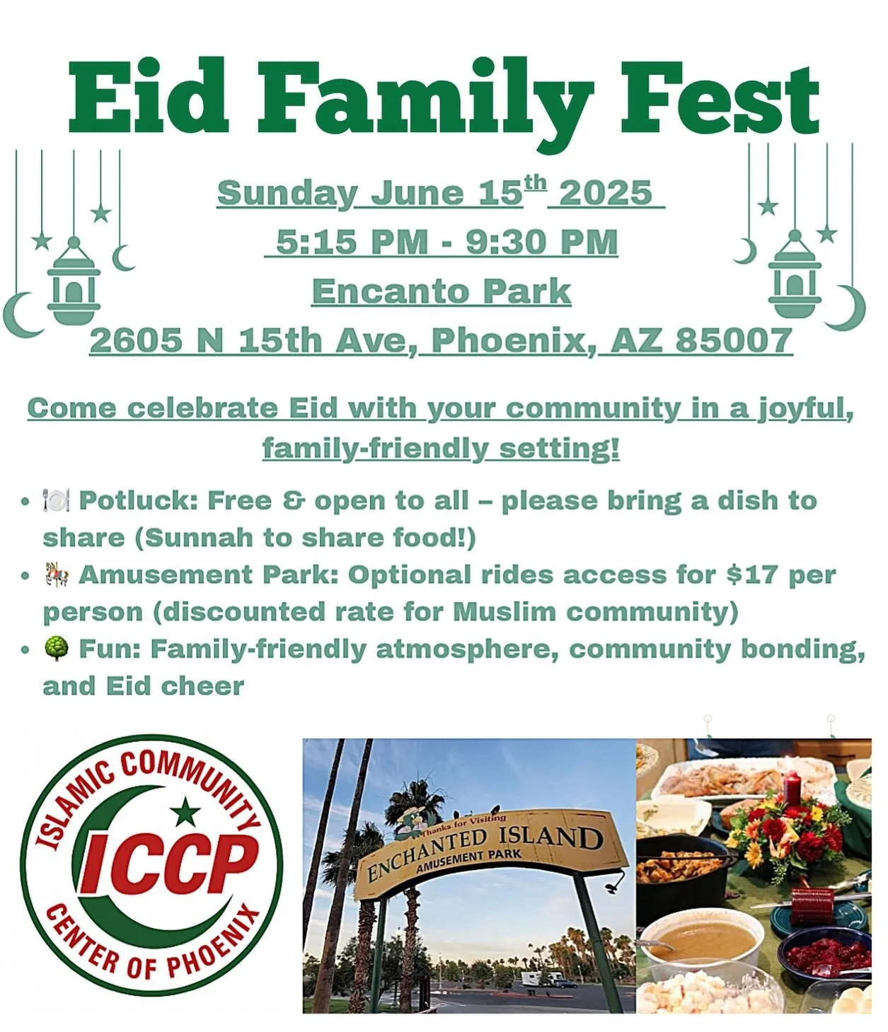 Celebrate Eid with Us at Encanto Park on June 15th, 2025! 
Join your Muslim brothers and sisters for a joyful Eid in the Park at Encanto Park, featuring halal fun for the whole family! Enjoy rides and attractions at the Encanto Amusement Park with sp