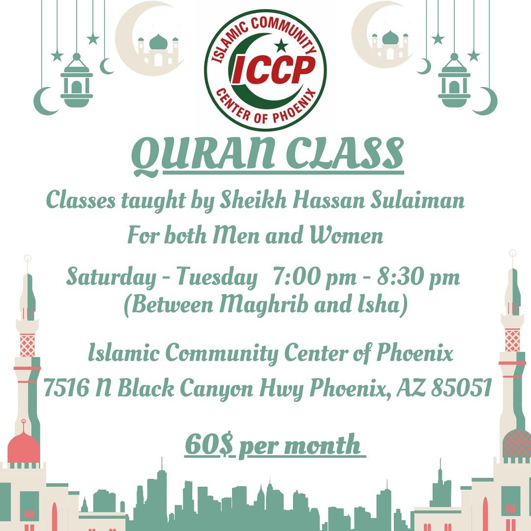 Join Our Quran Classes at ICCP!
Deepen your connection with the Quran through guided recitation and learning with Sheikh Hassan Sulaiman. Open to men, women, and children of all ages!

When: Saturday&ndash;Tuesday | 7:00 PM &ndash; 8:30 PM (Between M