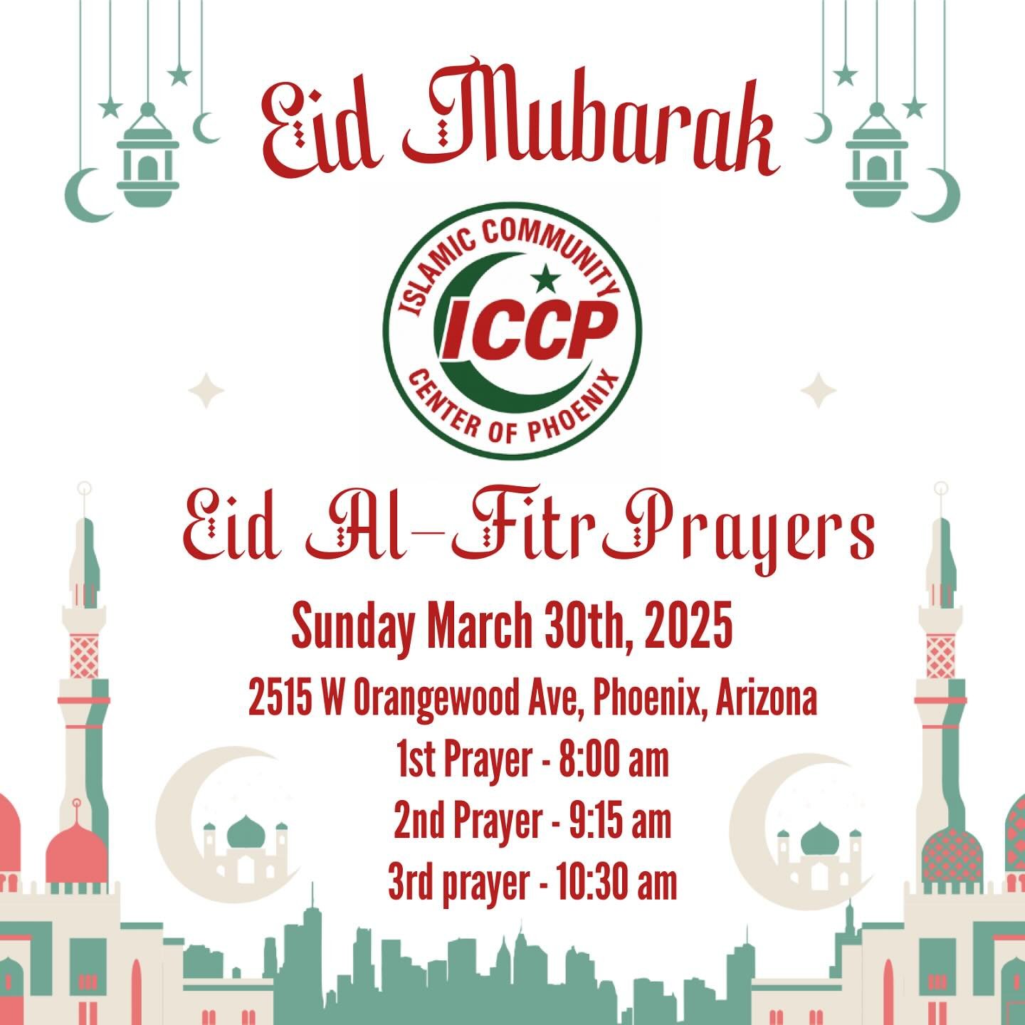 &rlm;السلام عليكم 👋🏻

Eid Prayer will be held Sunday March 30th at 2515 W Orangewood Ave, Phoenix, Arizona.

See flyer for details. Please bring your own prayer rugs.