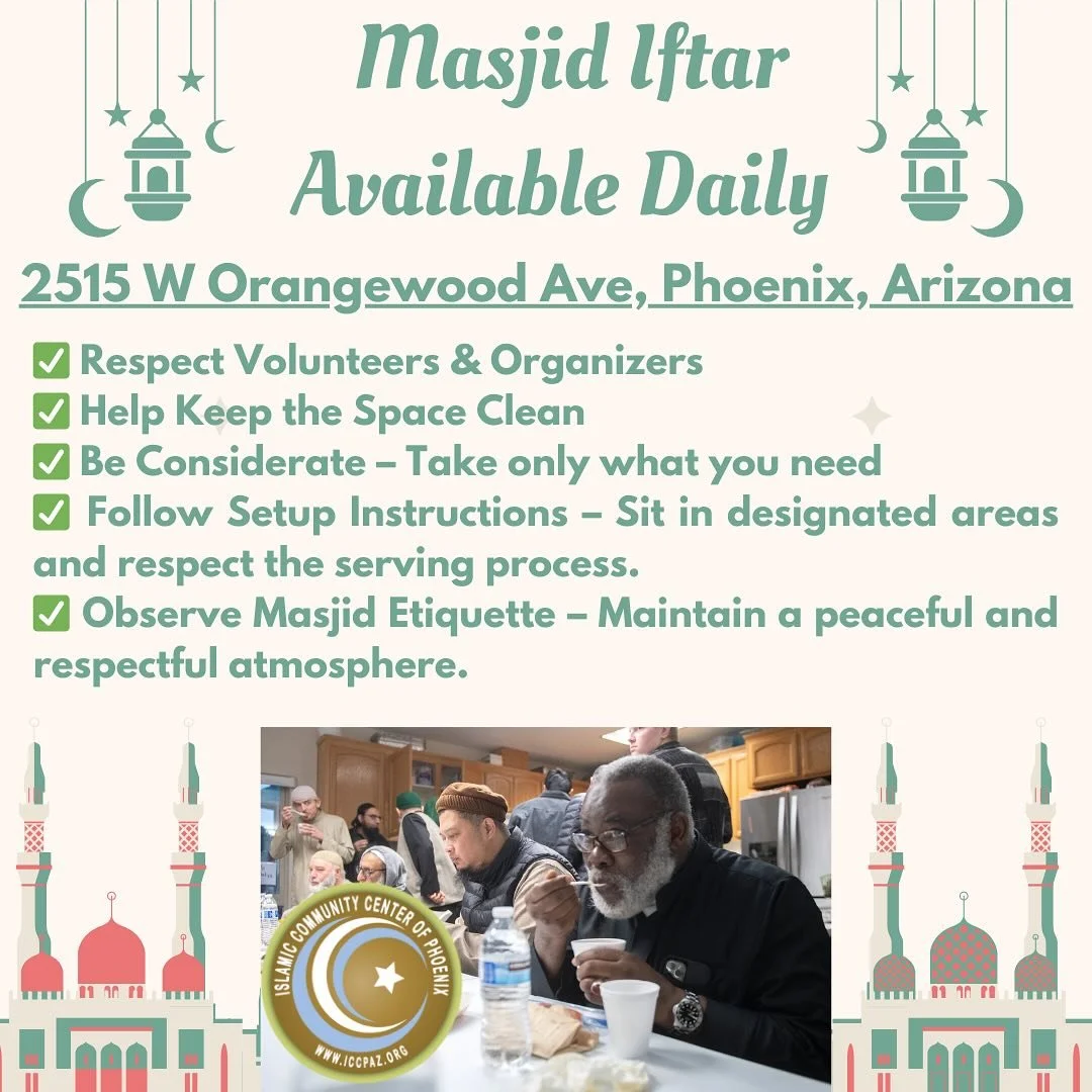 Salam , Iftar Will be offered at the masjid daily. 

Please remember
✅ Be Considerate &ndash; Take only what you need to ensure everyone is served.
✅ Follow Setup Instructions &ndash; Sit in designated areas and respect the serving process.
✅ Help Ke