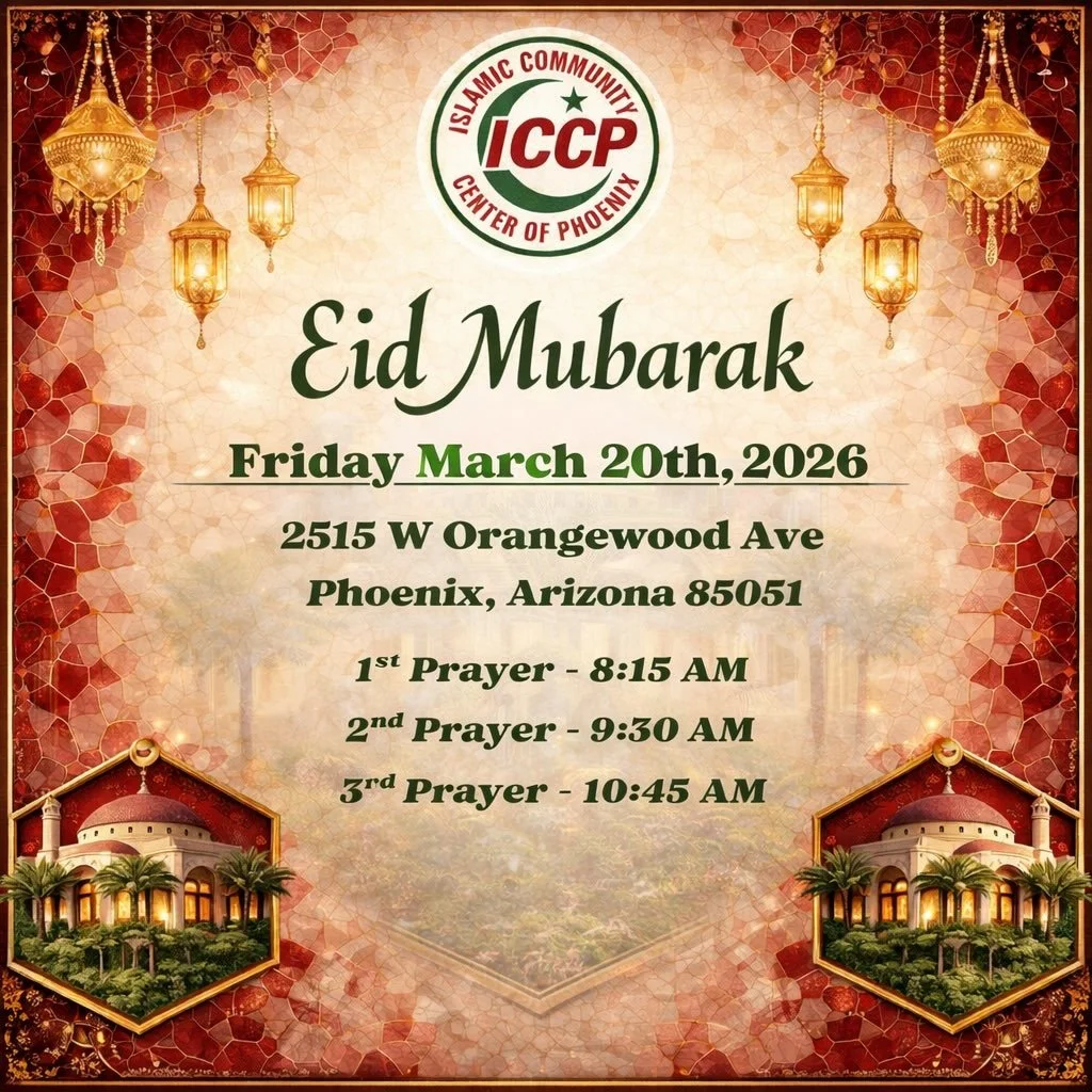 السلام عليكم

Eid Prayer will be held on Friday March 20th at 2515 W Orangewood Ave, Phoenix, Arizona.

See flyer for details. Please bring your own prayer rugs.