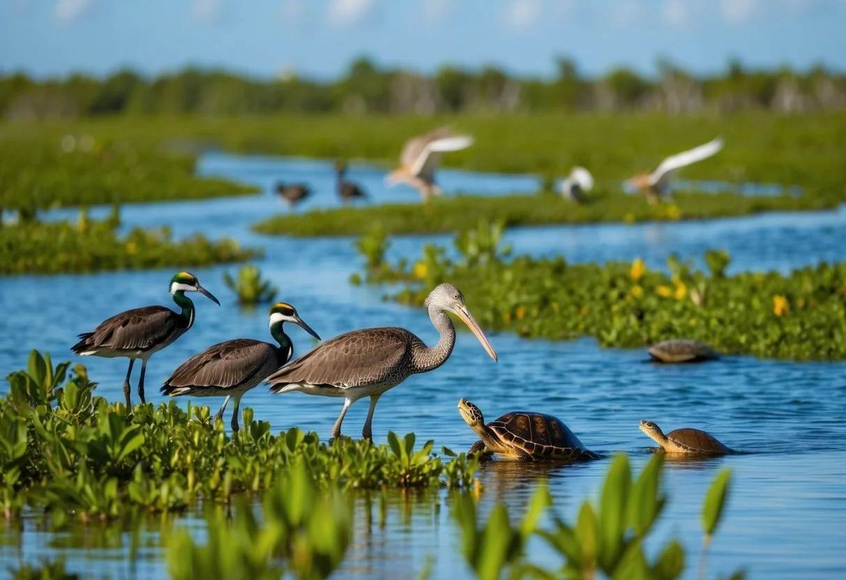 A wetland scene with various waterbirds including two sea turtles and multiple herons and ducks, some flying and some resting in the water.
