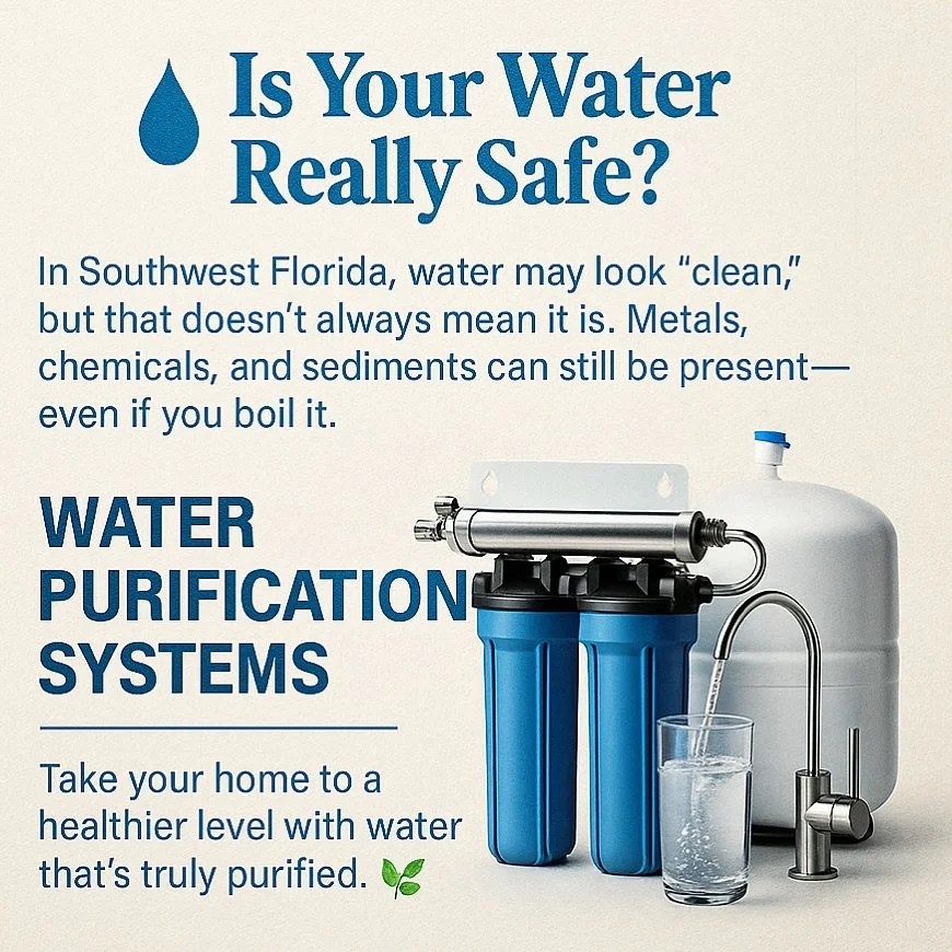 💧 Is Your Water Really Safe?
Here in Southwest Florida, water may look clean, but that doesn&rsquo;t mean it&rsquo;s free of contaminants. Heavy metals, sediments, chlorine, and chemicals can still be present &mdash; even if you boil it.

Our Water 