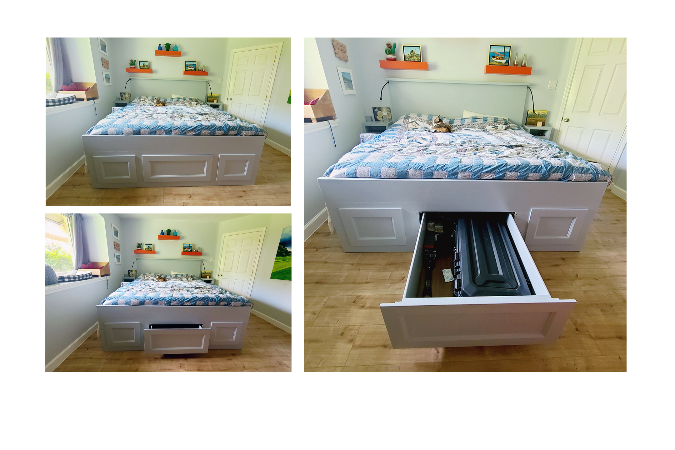 Hidden storage compartment within a king size bed, operated via a remote device hidden elsewhere in the bedroom