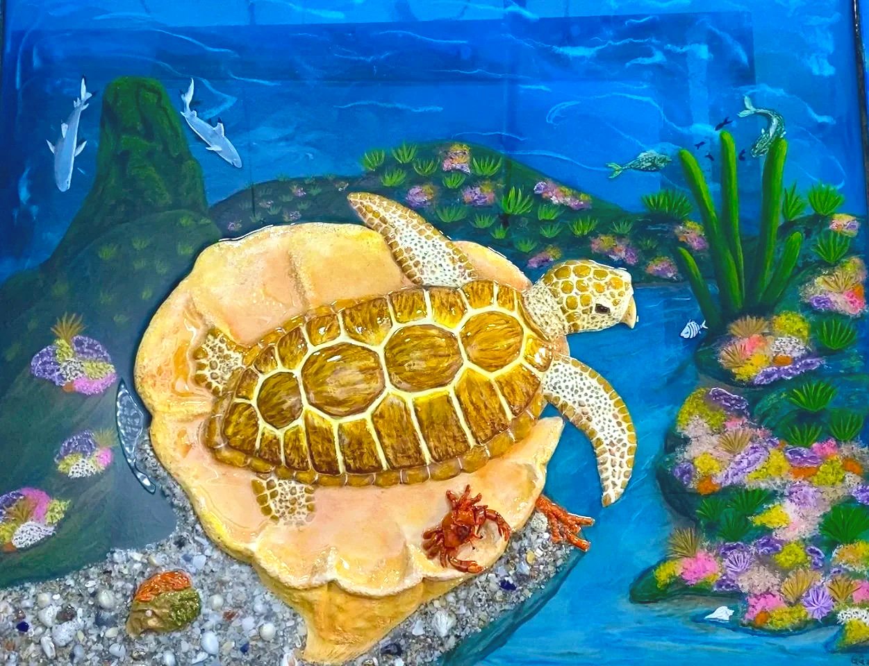 Lazy Turtle
A stunning resin art piece featuring a turtle resting on a giant sea sponge at the rocky edge of a seascape
25" X 21"  32 oz. Resin