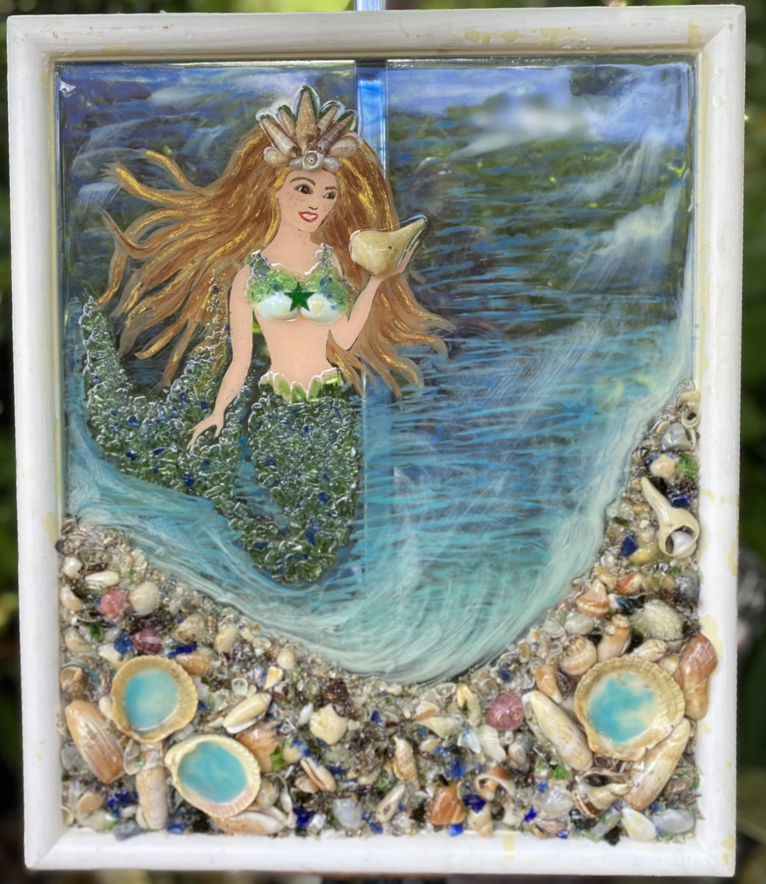 Mystical Mermaid Resin on Glass, Local beach sand and sea shells