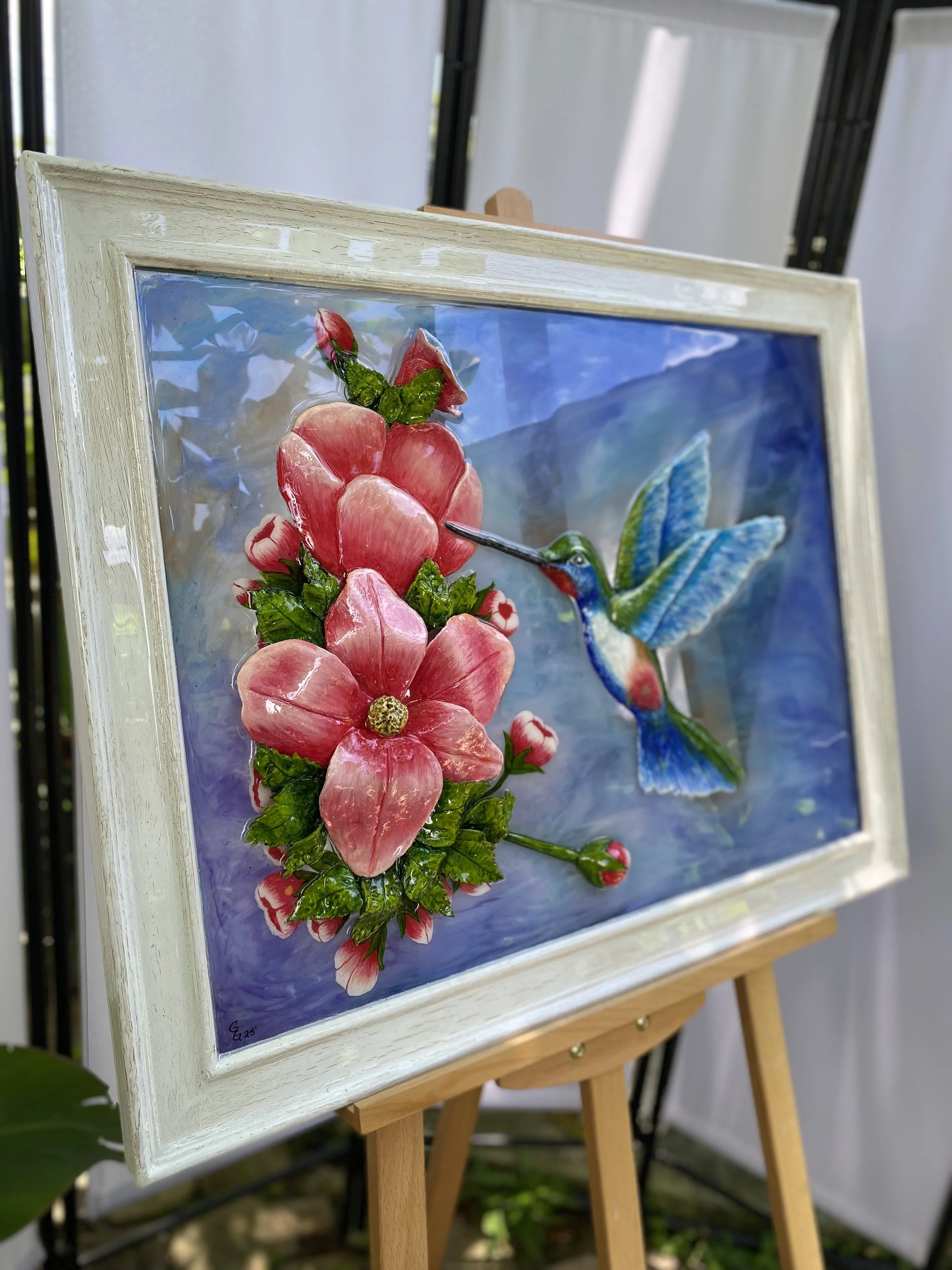 Hummingbird and Pink Flowers 3D Air-Dry Clay on resin, alcohol ink and Acrylic paint
