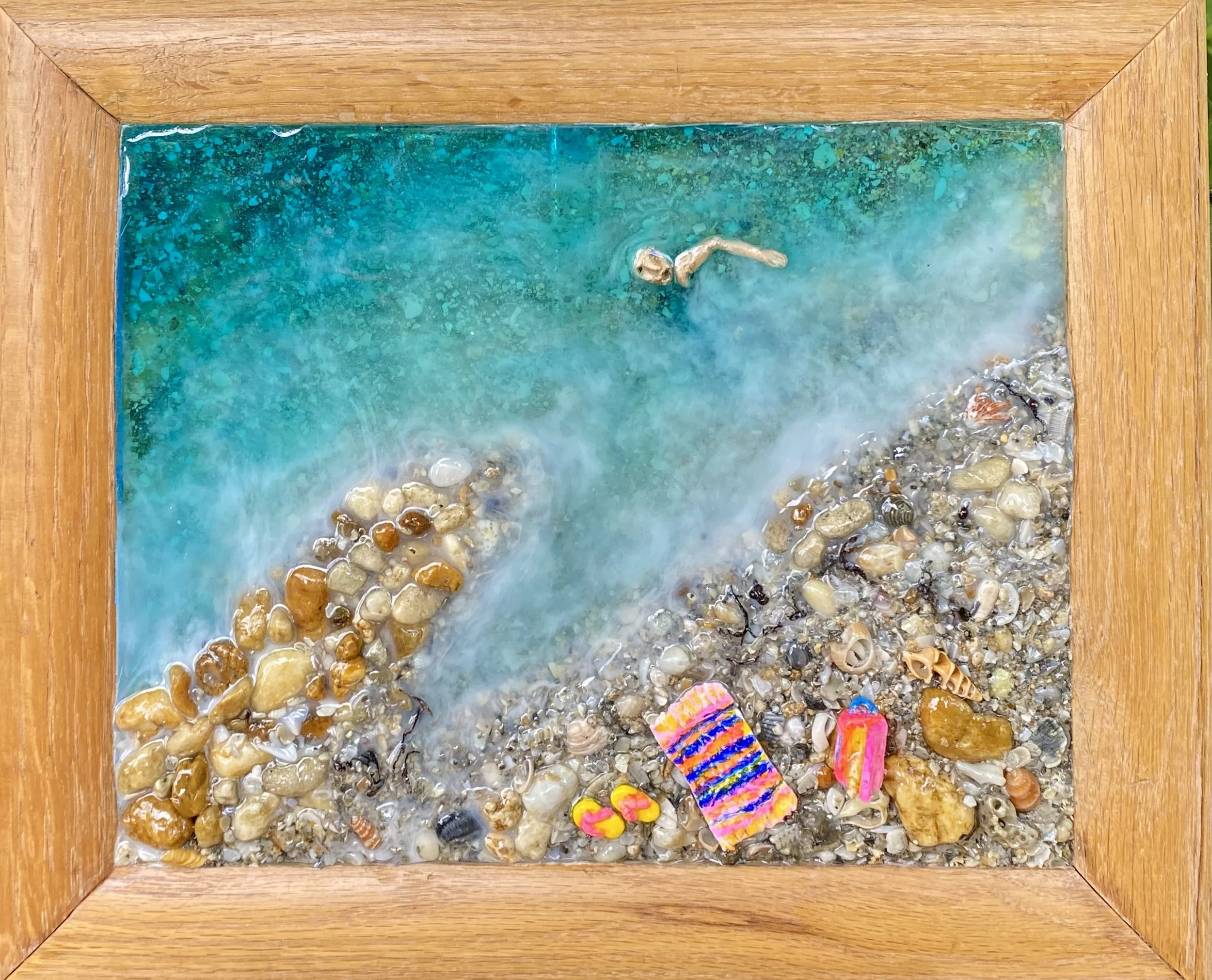 Swimmer Resin on Glass, Local sand and sea shells, alcohol ink