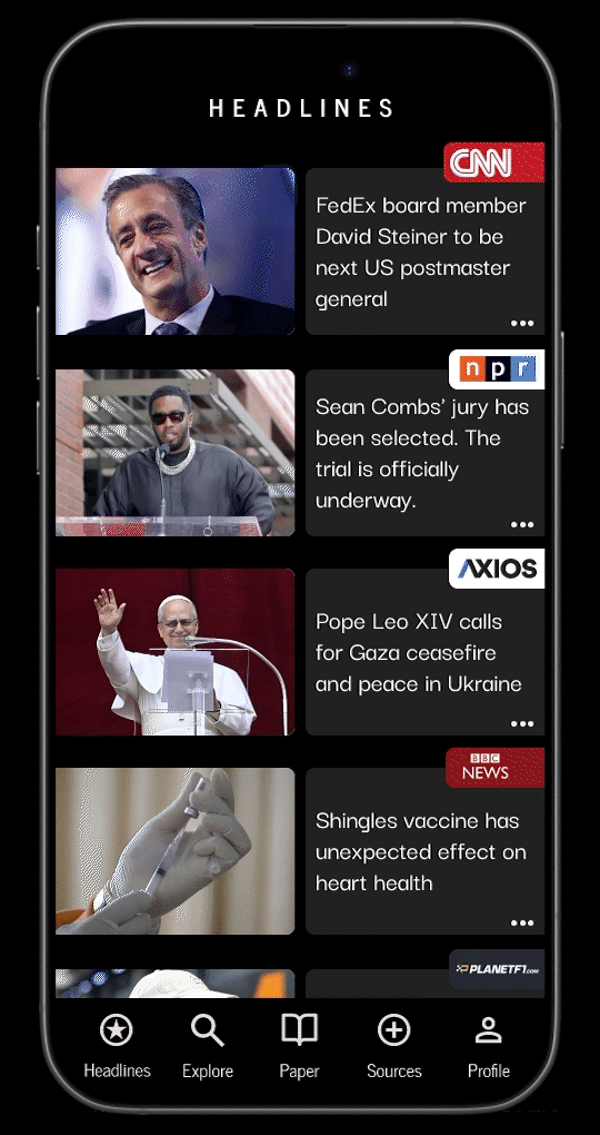 Mobile phone screen displaying news headlines with images, including a smiling man, a man in sunglasses, Pope Francis, a gloved hand holding a syringe, and a spacecraft logo at the bottom.