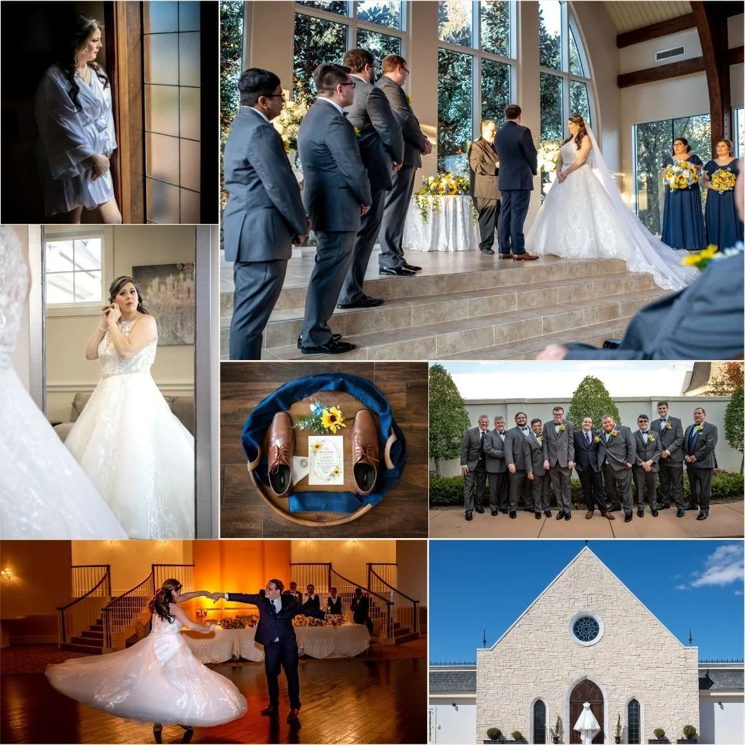 A collage of wedding scenes including a bride and groom exchanging vows, bridesmaids, groomsmen, wedding dress details, a couple dancing, and a church exterior.
