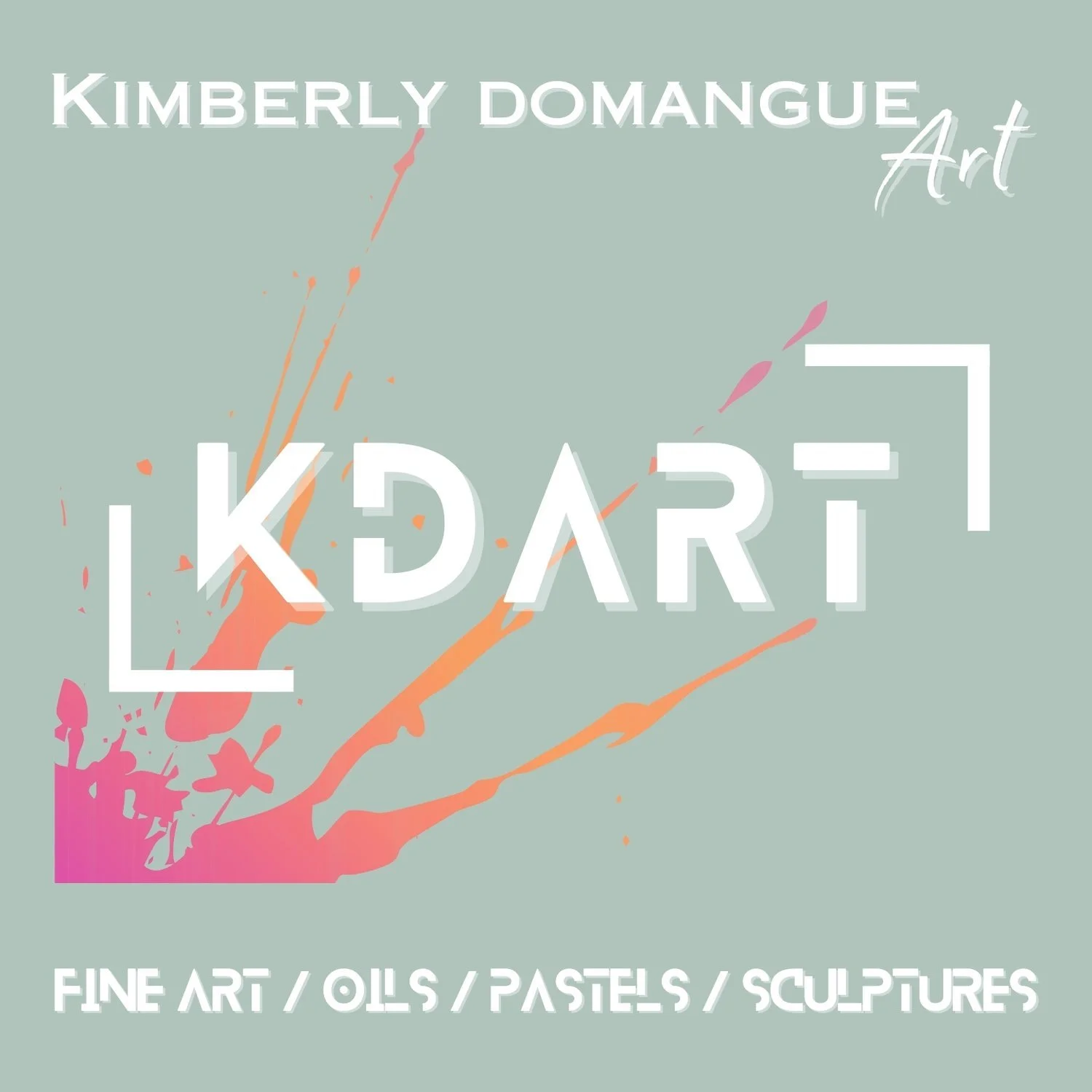 Artwork featuring text for Kimberly Domangue Art, including mediums like fine art, oils, pastels, and sculptures, with an abstract colorful splash in the background.