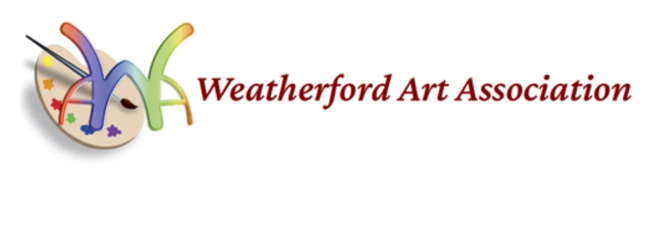 Weatherford Art Association logo featuring a painter's palette with colorful paint and a paintbrush, alongside the text 'Weatherford Art Association' in red.