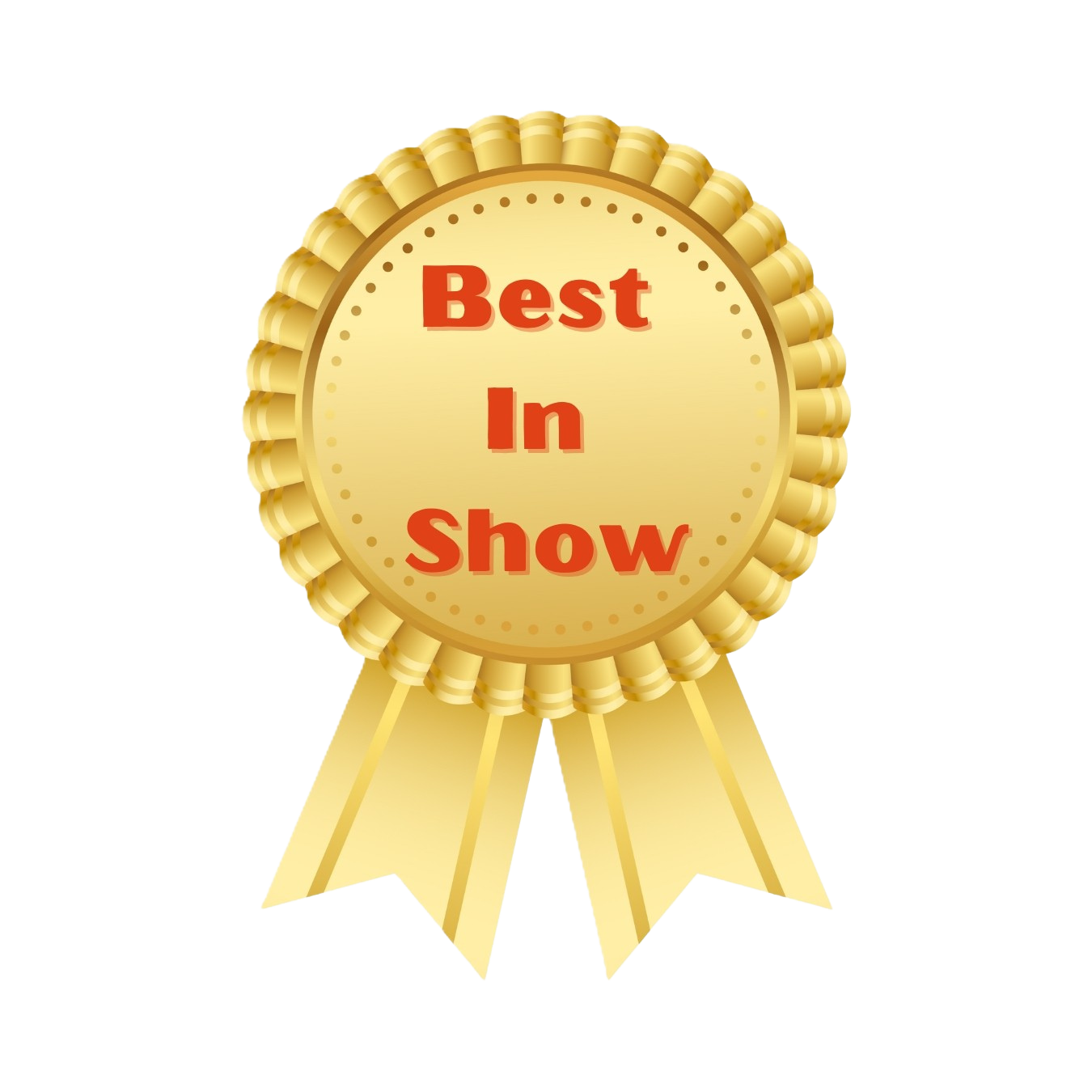 Gold award ribbon with the words 'Best In Show' written in red text.