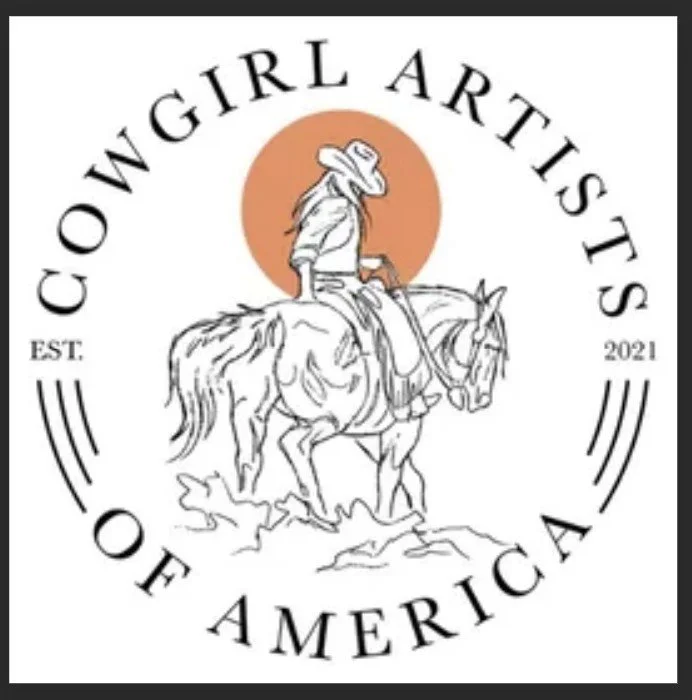 Logo for Cowboy Girl Artists of America featuring a line drawing of a woman riding a horse with a sunset in the background.