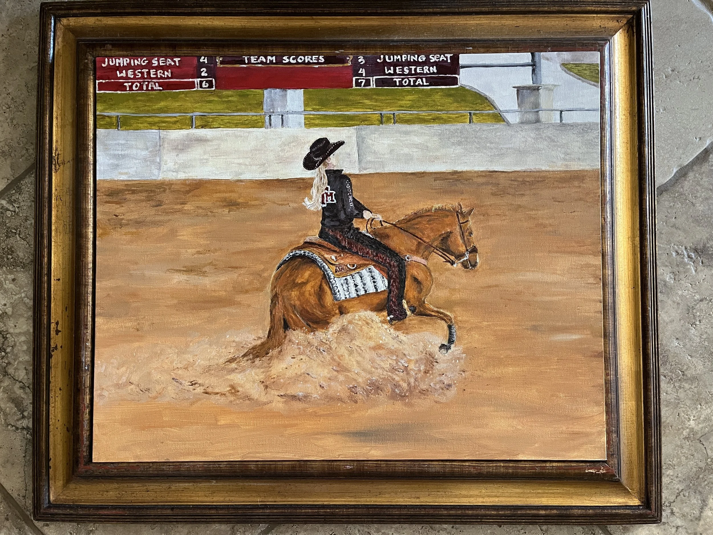 Painting of a female rodeo rider on a brown horse in an arena with scoreboards and a concrete wall in the background.