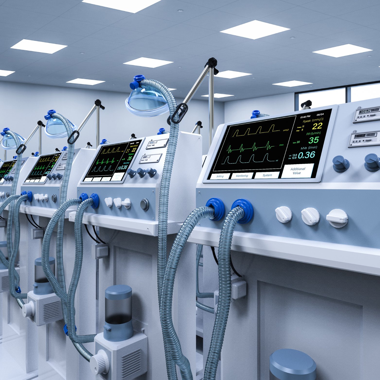 Multiple medical ventilators with digital monitors displaying vital signs in a hospital ICU.