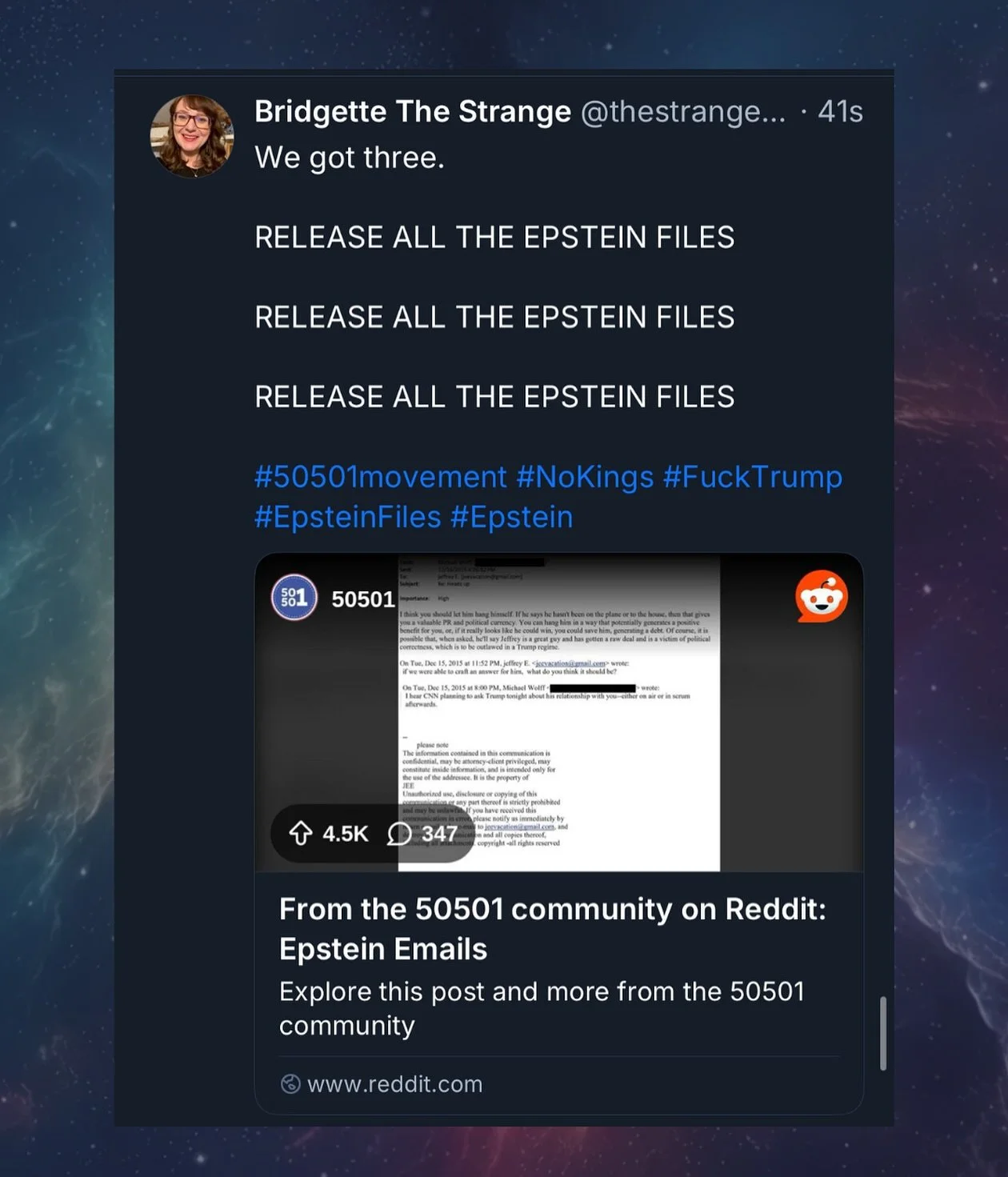 We got three. 

RELEASE ALL THE EPSTEIN FILES

RELEASE ALL THE EPSTEIN FILES

RELEASE ALL THE EPSTEIN FILES
:
:
:
:
:
:
:
:
:
#50501movement #50501 #NoKings #FuckTrump #EpsteinFiles #Epstein