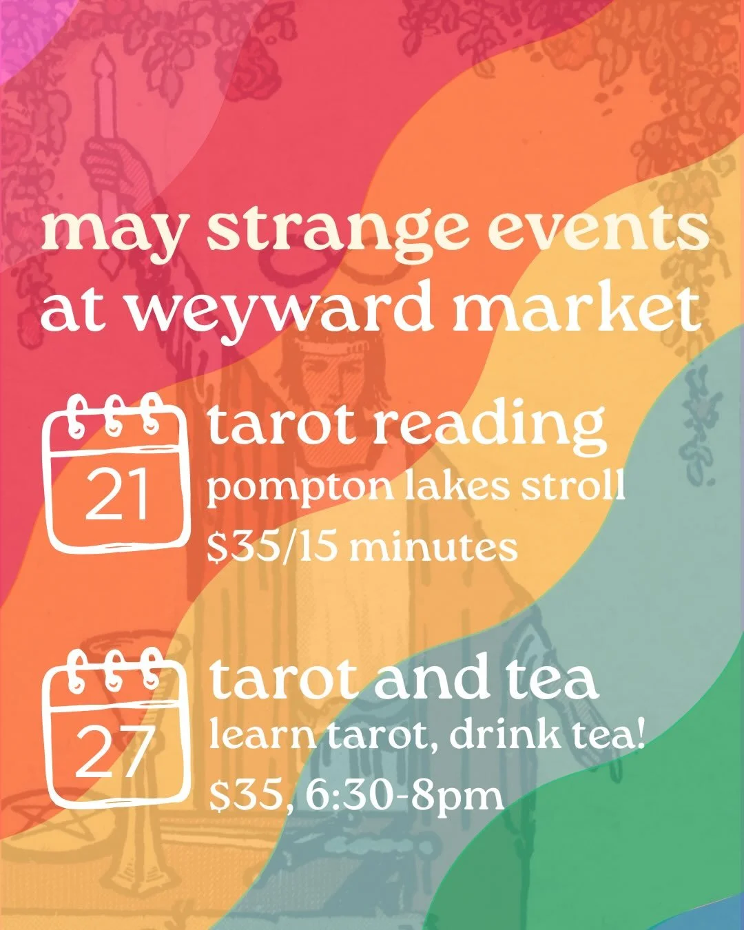 I&rsquo;ll be at Weyward Market twice next month!

Want a reading? I&rsquo;ll be there from 4-8pm for the Pompton Lakes Stroll. Save your seat in advance to ensure you get a reading. Check my LIB to get yours!

How about learning to read tarot? My Ta