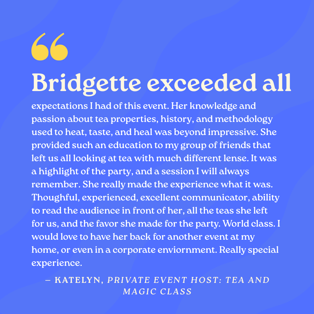 Bridgette exceeded all expectations I had of this event. Her knowledge and passion about tea properties, history, and methodology used to heat, taste, and heal was beyond impressive. She provided such an education to my group of friends that left us 