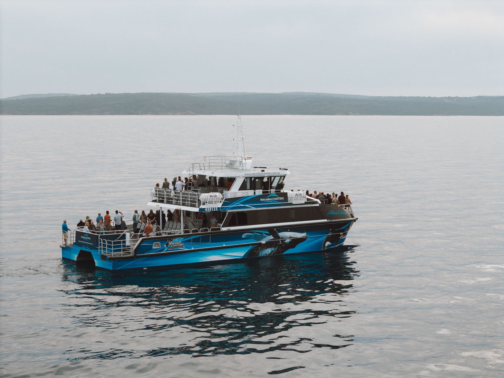 A large boat with people on board sailing on calm water with a distant shoreline in the background.