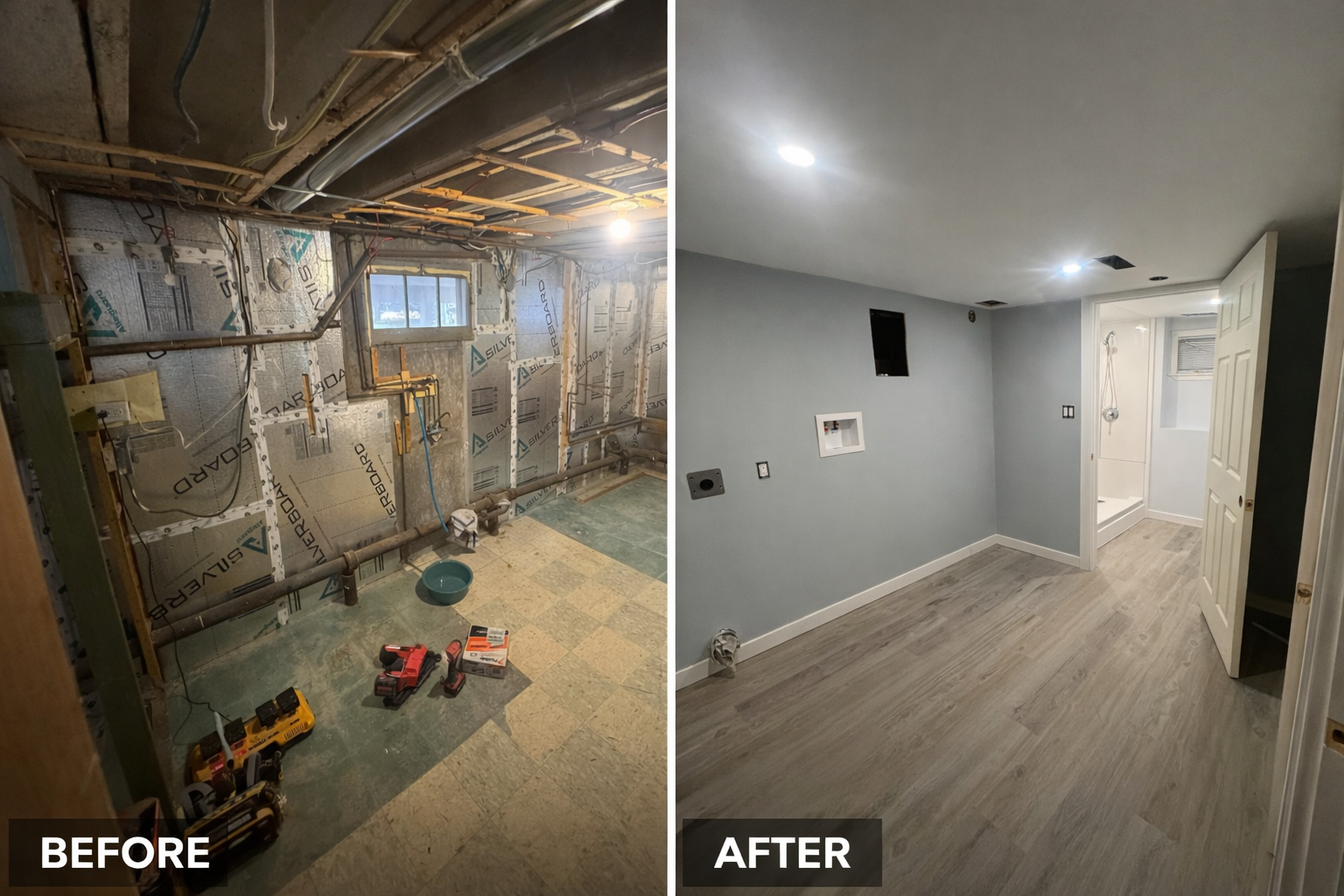 Side-by-side comparison of a room before and after renovation. The 'before' shows an unfinished space with exposed wiring, insulation, and tools on the floor. The 'after' shows a finished room with painted walls, installed flooring, a ceiling light, and a door.