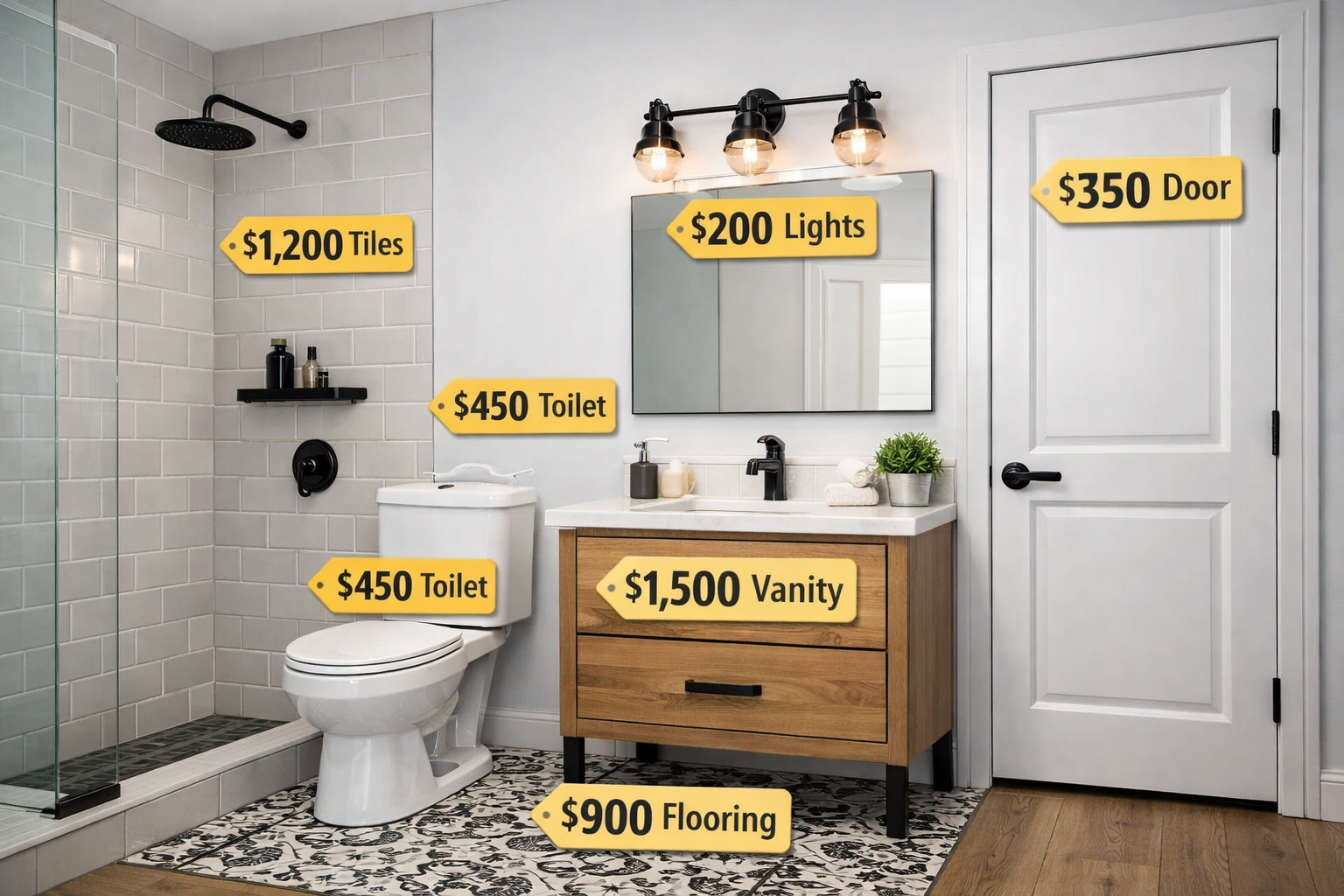Bathroom with a shower area, toilet, sink, and mirror, with price tags indicating costs of various items including tiles, lights, door, toilet, vanity, and flooring.