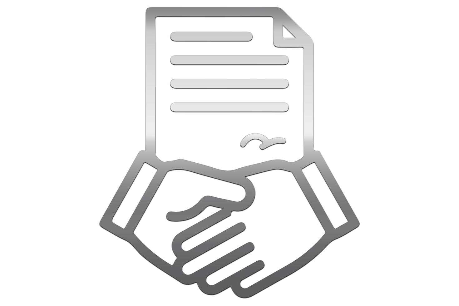 A metallic emblem featuring a handshake with an outline of a document or paper in the background.