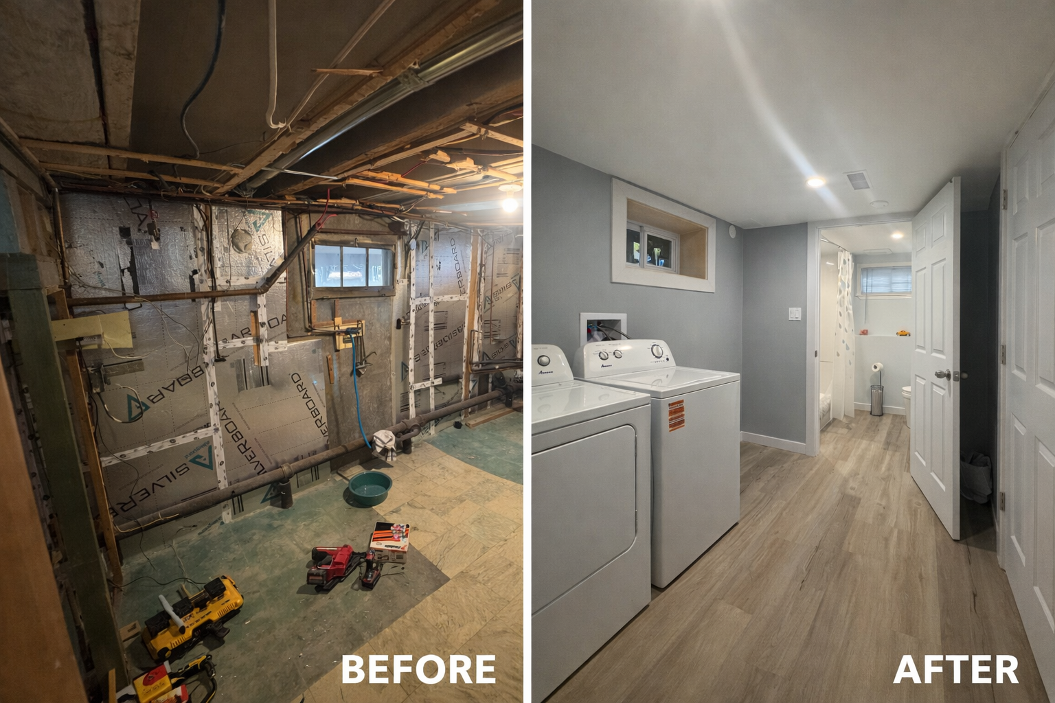 Side-by-side comparison of a laundry room renovation, showing a cluttered, unfinished space before and a clean, finished space after.