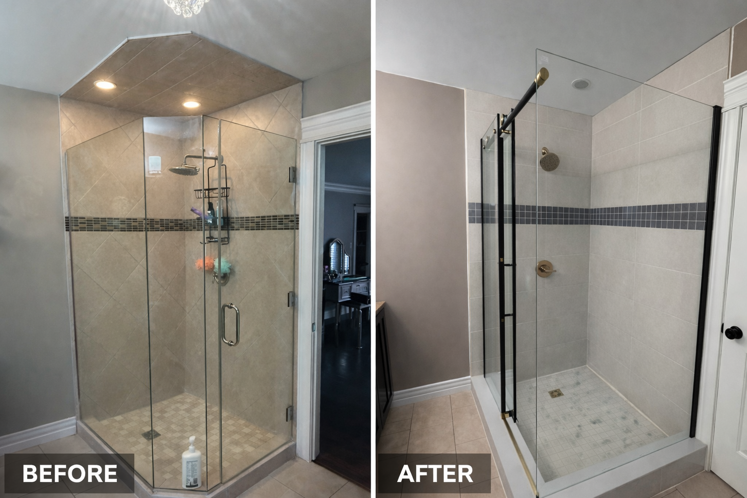 Comparison of a bathroom shower before and after renovation, showing a glass enclosed shower with beige tiles and dark accent strip before, and a updated shower with white tiles, black trim, and gold fixtures after.