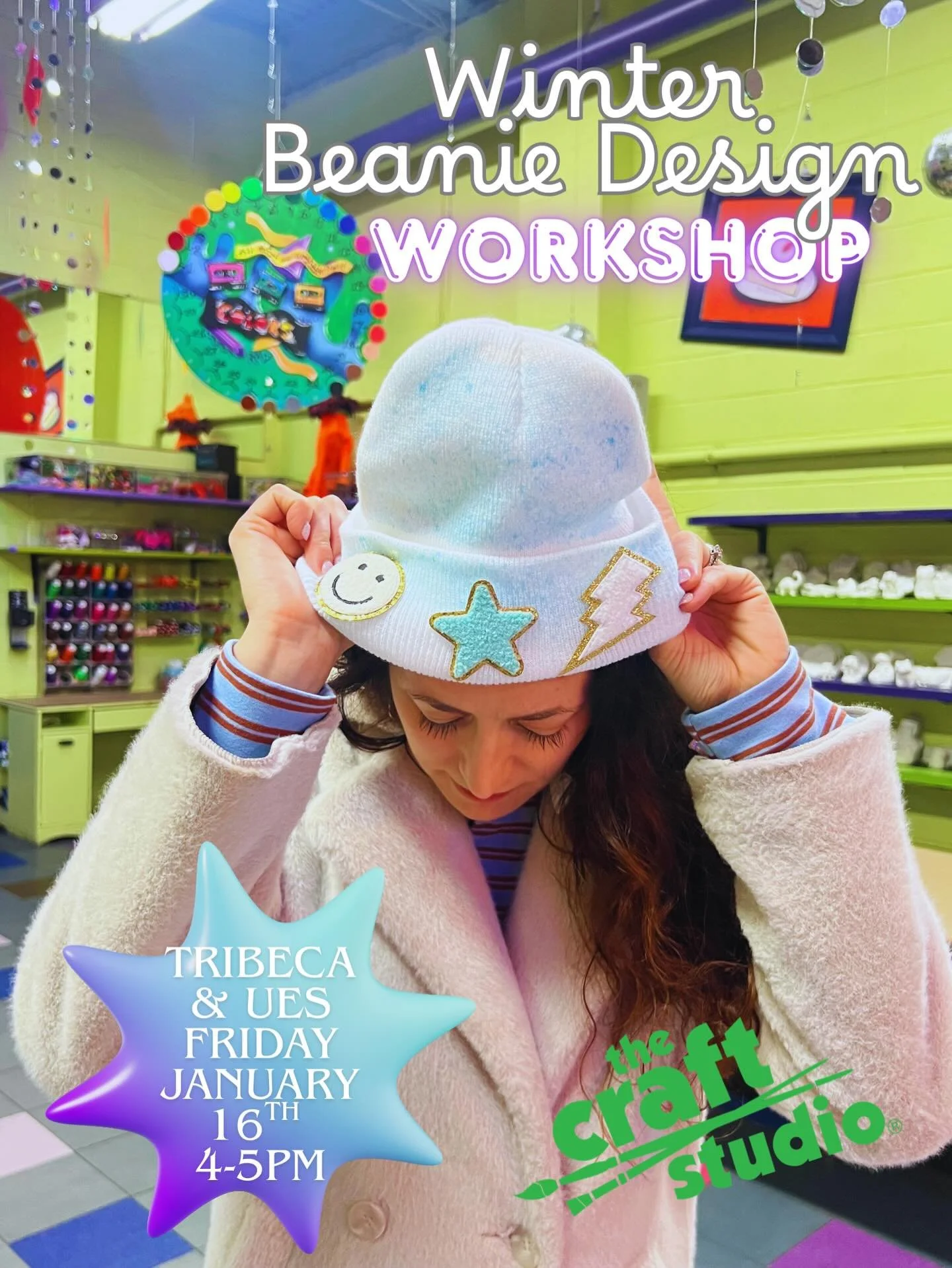 It&rsquo;s cold!!! Might as well rock this season in style!!
Come design your own winter beanie with tie dye sprays, patches, and more.  Keep warm, unplug, get crafty, and spend your Friday in the best studios in NYC!
Running in Tribeca and the UES t