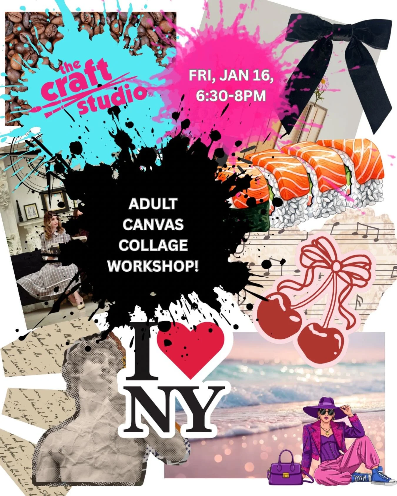 Still a few spots left for this Friday&rsquo;s adult night!!!
Make 2026 a year of getting creative.  We will use tons of cool paper designs, decals, stamps, and paints to create a wall worthy mixed media collage!  Running in Tribeca &amp; the UES! Li