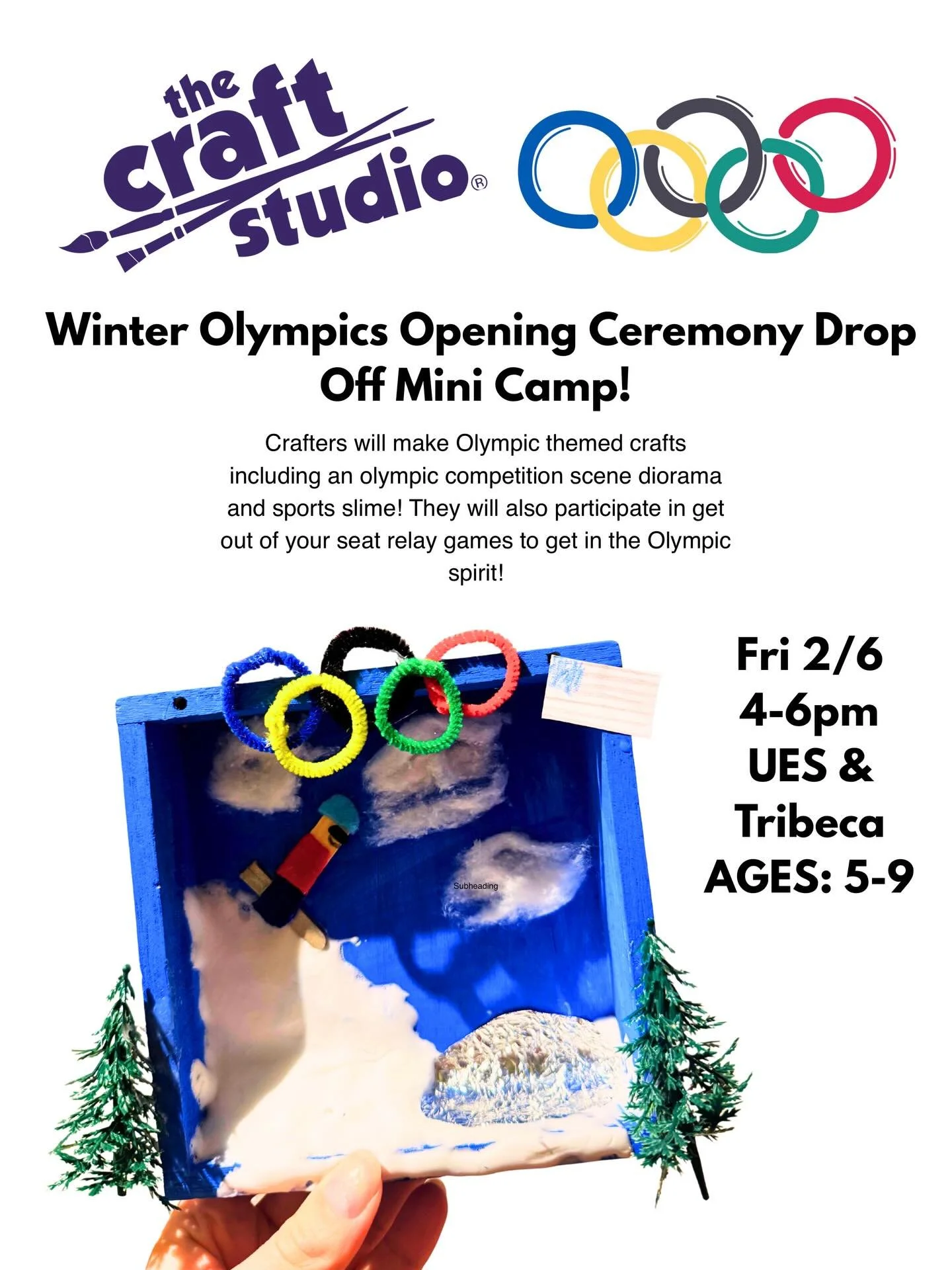 The Olympics are almost here!!! Come celebrate with us on Friday eve at our two hour drop off mini camp!
Parents can drop and have an early date night while their kids get creative, play relay games, and have a blast!  Sign up by your studio at the c