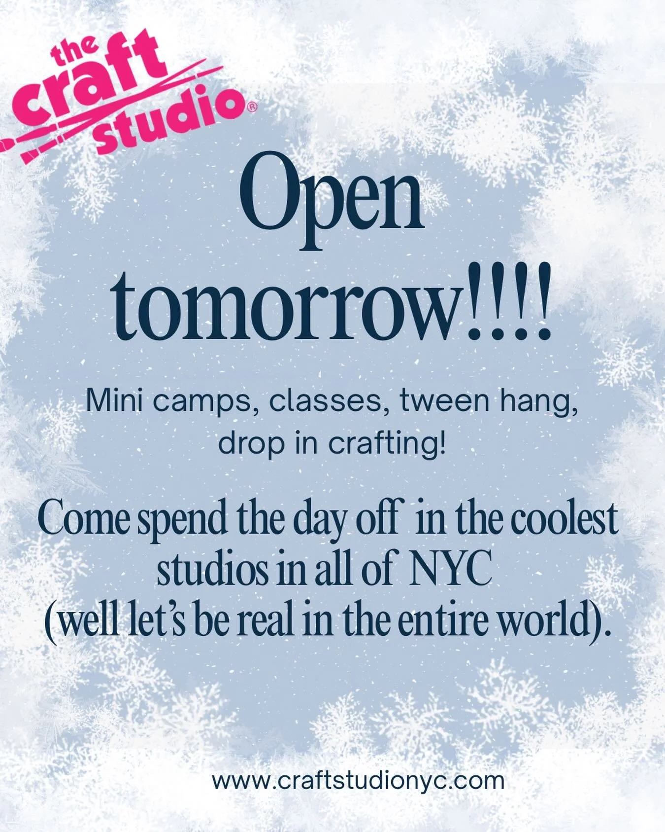Ring the alarm&hellip;the coolest place in the world is OPEN tomorrow.  You&rsquo;re welcome NYC! ❄️🌨️🤪😂🤭☃️🖌️🎨! Come unplug and create with us in our amazing vibes tomorrow!!!
.
.
.
#snowday #snow #craft #nyc #family