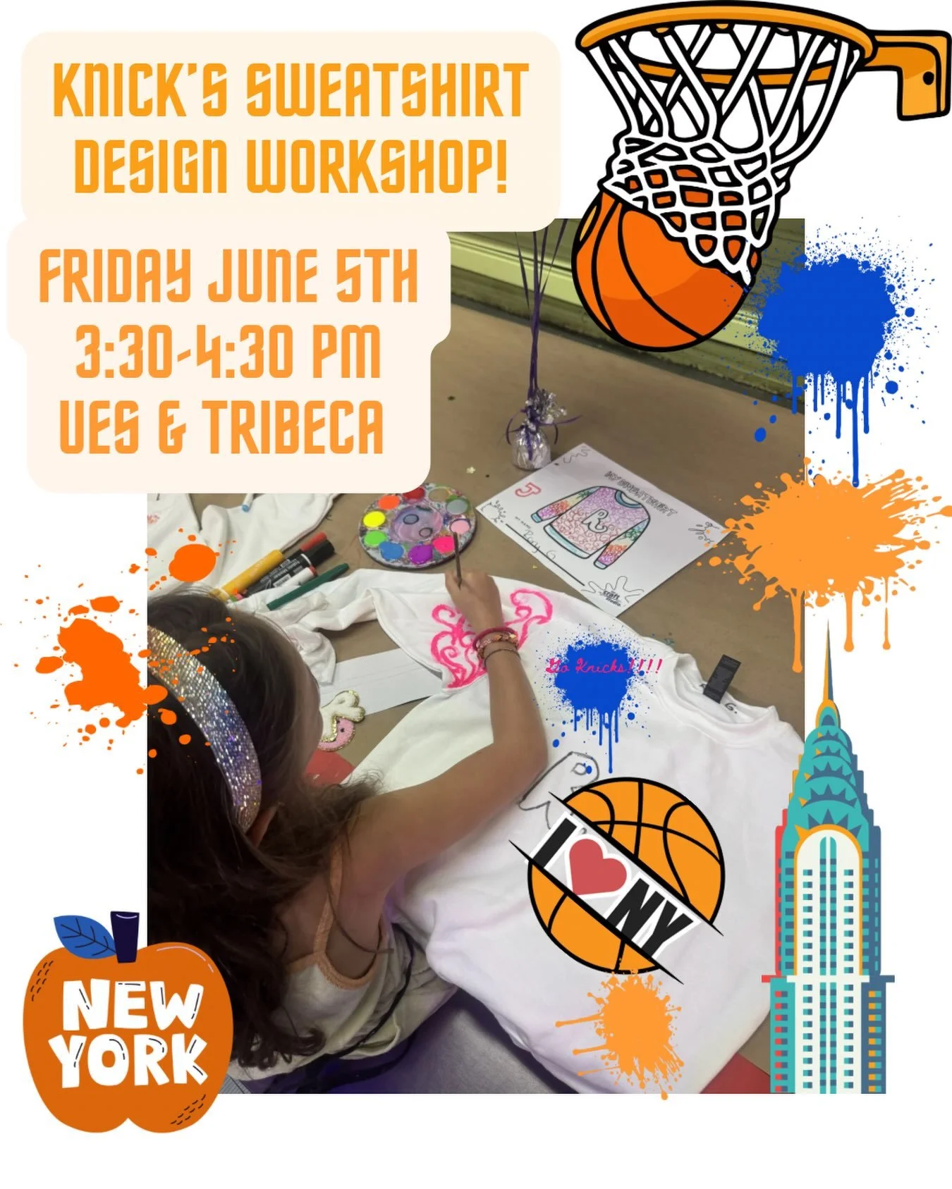 We love our New York Knicks, let&rsquo;s craft our own swag to show them just how much! Artists will use multiple mediums including fabric paints, sprays, patches, and more to create a custom Knicks inspired crewneck sweatshirt. LG Knicks!!!! 
Runnin
