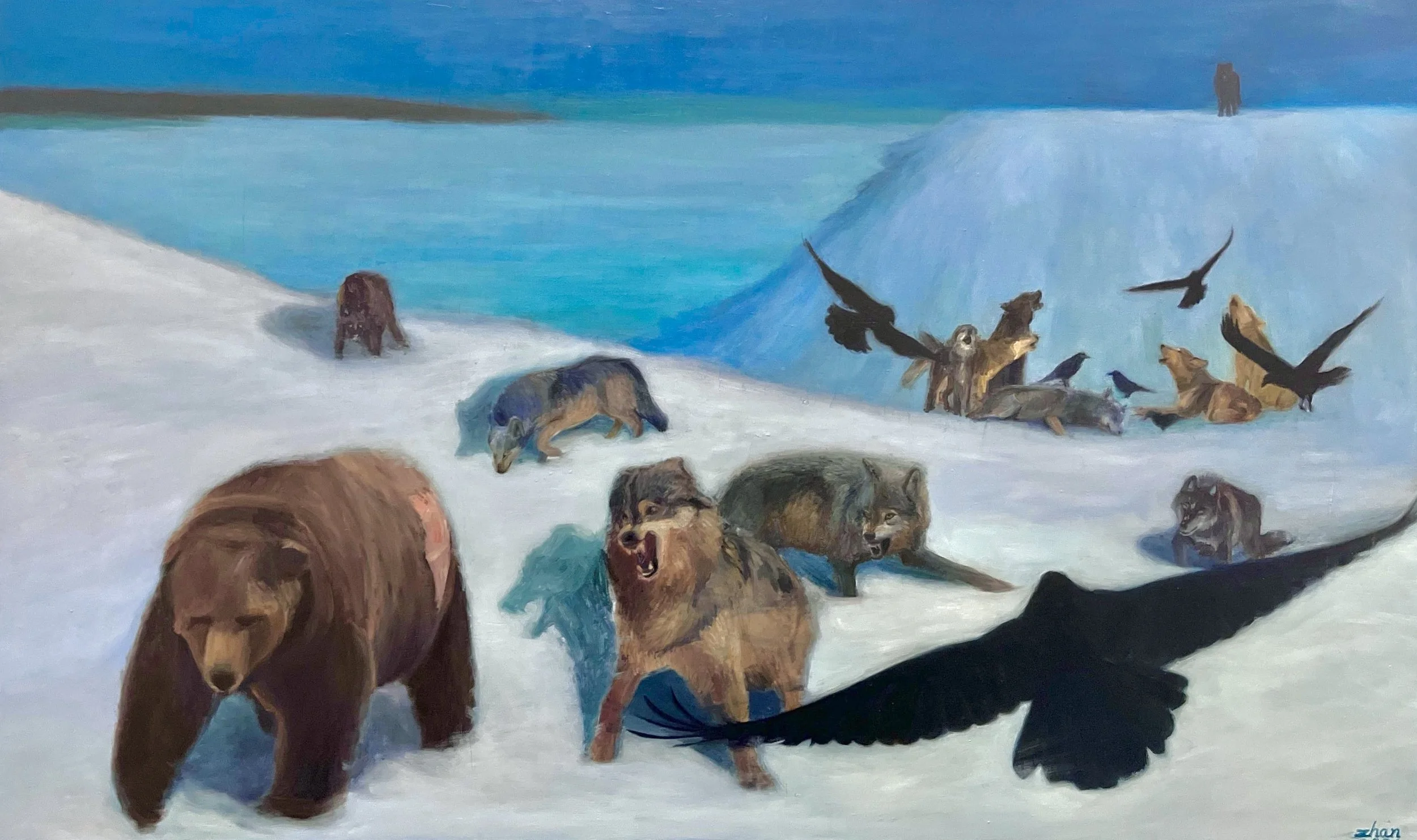“Wolves Escort Away the Troublemaker”, 36 x 60”, oil on canvas, 2026.