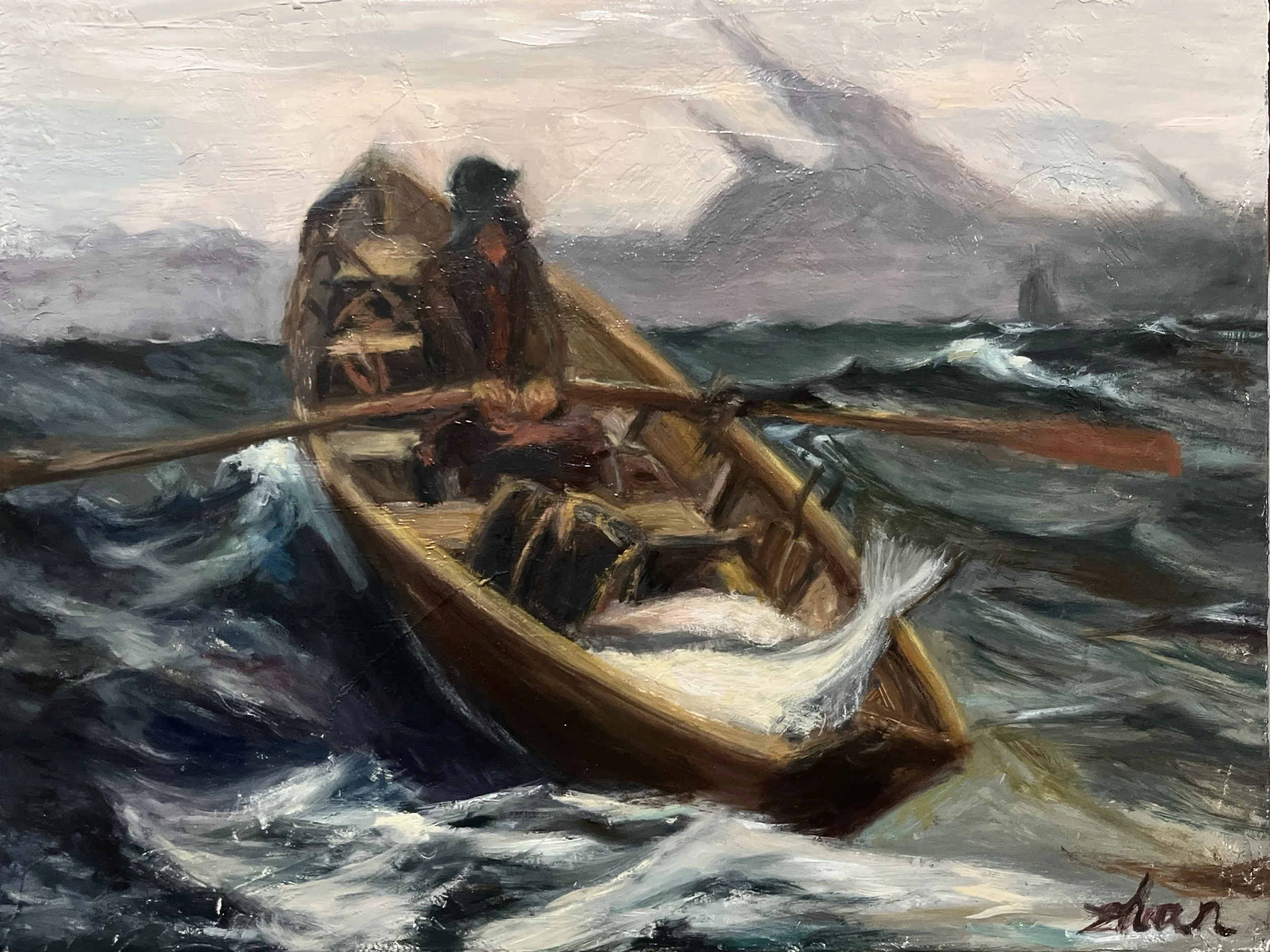 Master copy of Winslow Homer’s “Fog Warning”, oil on panel, 9 x 12”, 2026.