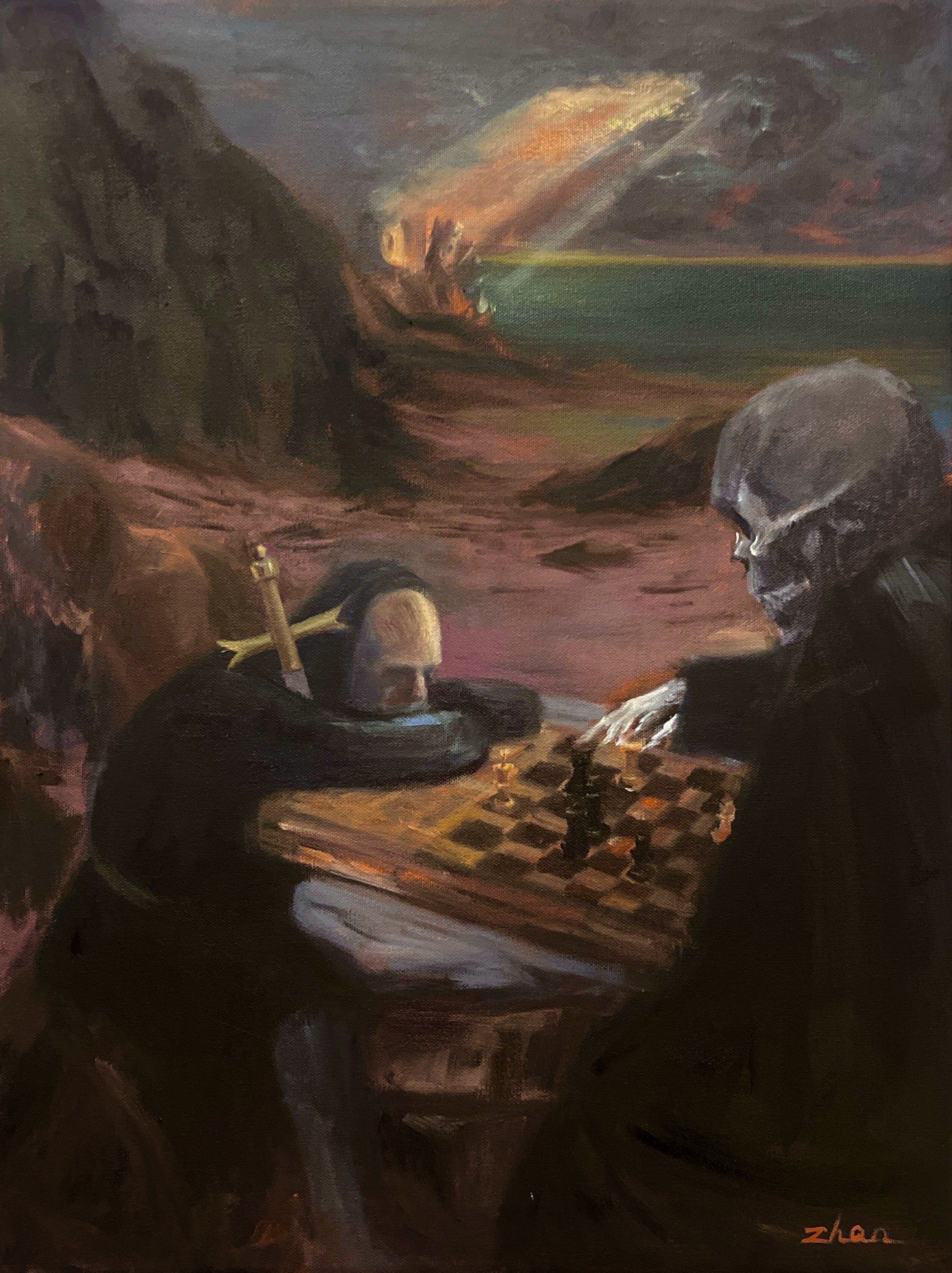 “End Game”, from imagination, The Seventh Seal inspired, Oil on canvas, 24 x 18”, 2025.