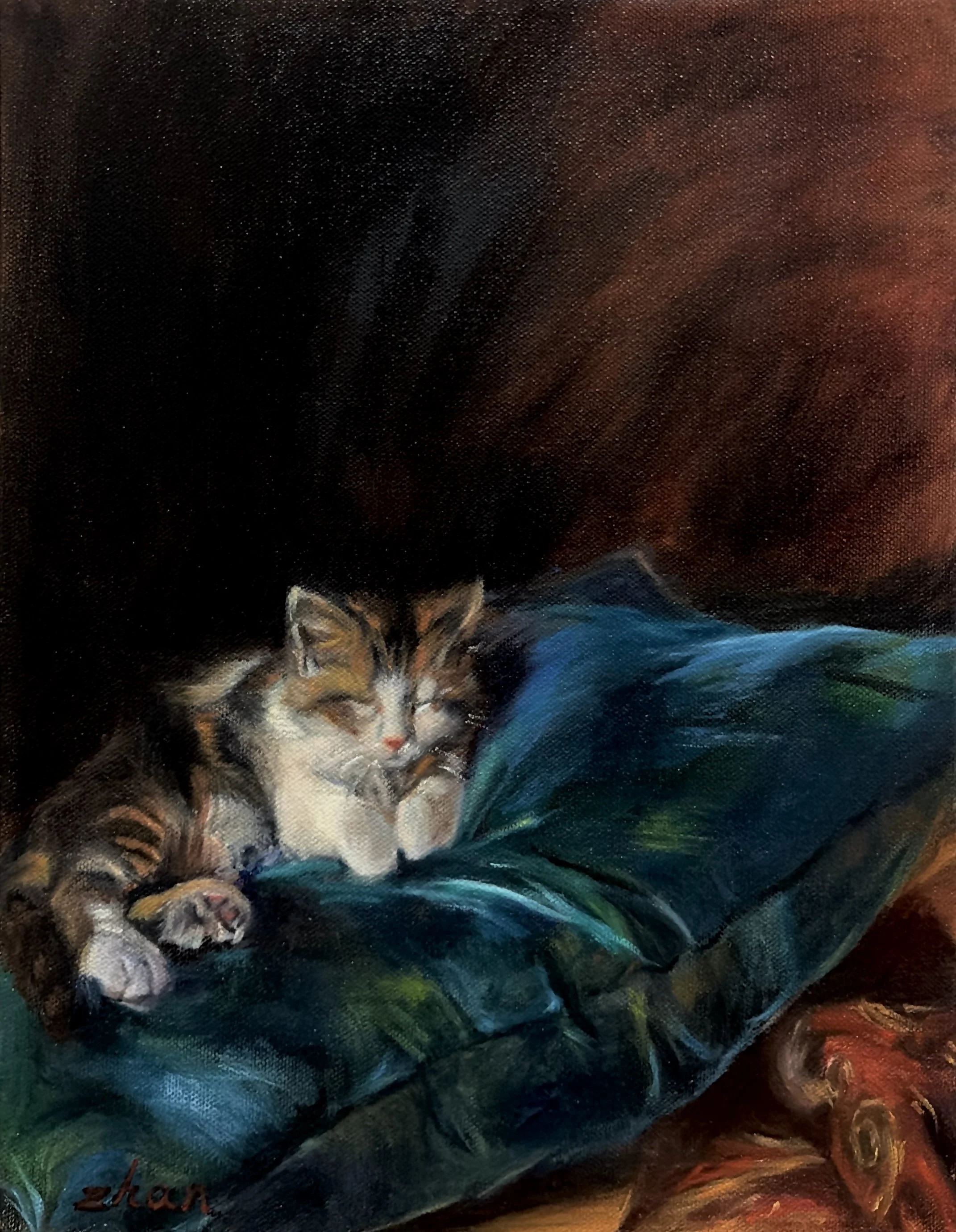Master copy of Francisco Domingo Marqués‘s “Cat Sleeping on a Cushion”, oil on canvas, 14 x 11”, 2026.
