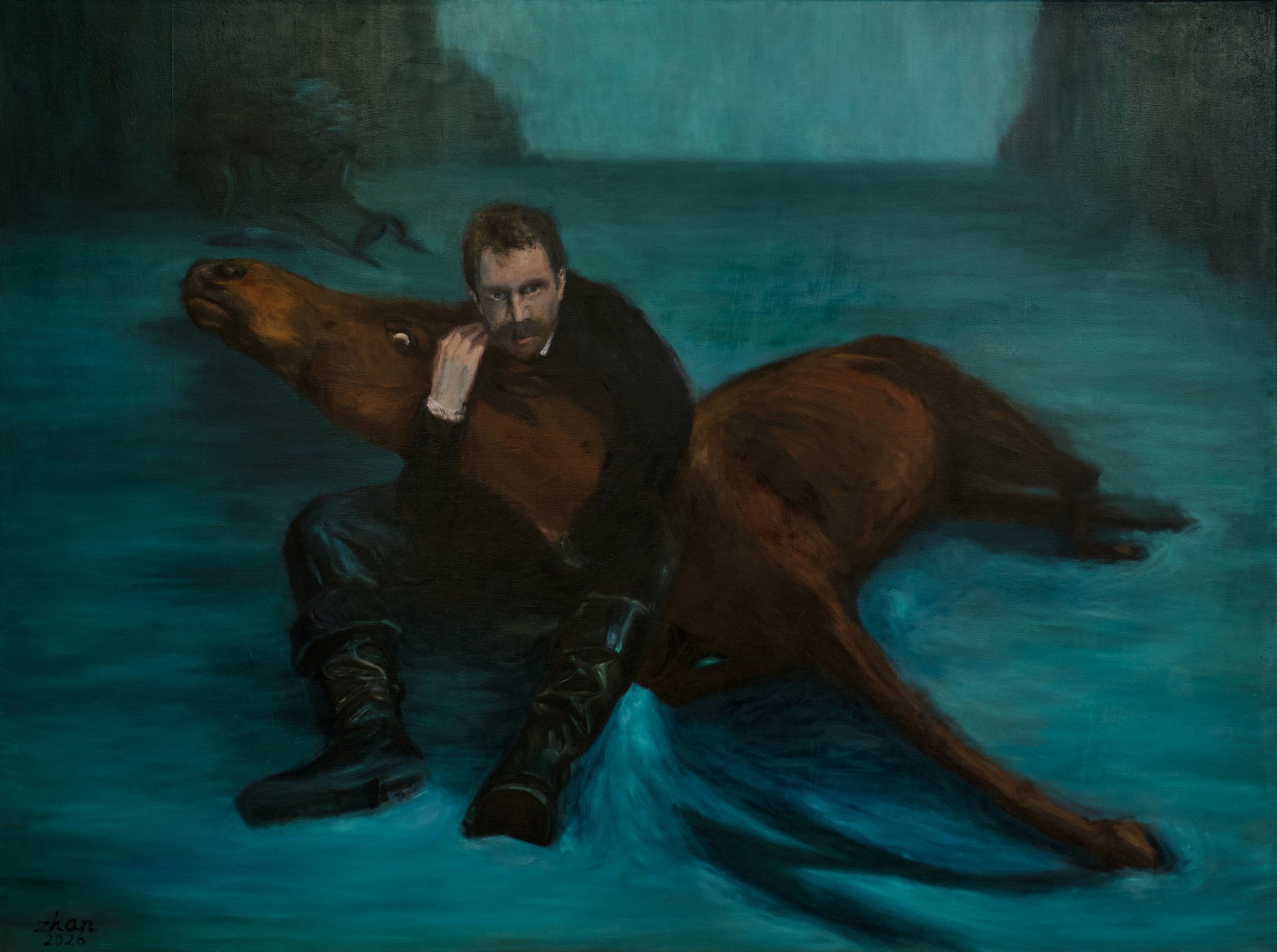 “Nietzsche and the Horse”, oil on canvas, 48 x 64”, 2026.