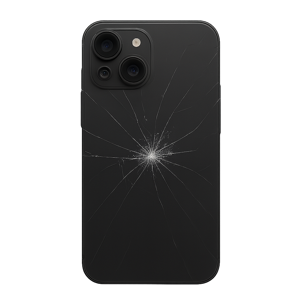 Black smartphone with a cracked back and a shattered camera lens.