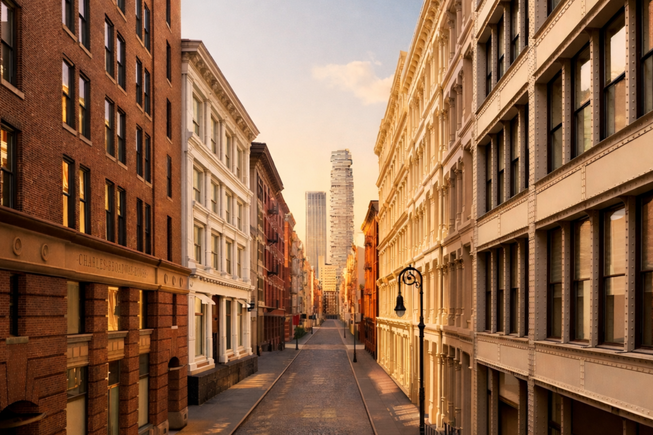 Quiet city street lined with historic buildings at sunset, with a modern skyscraper in the distance.