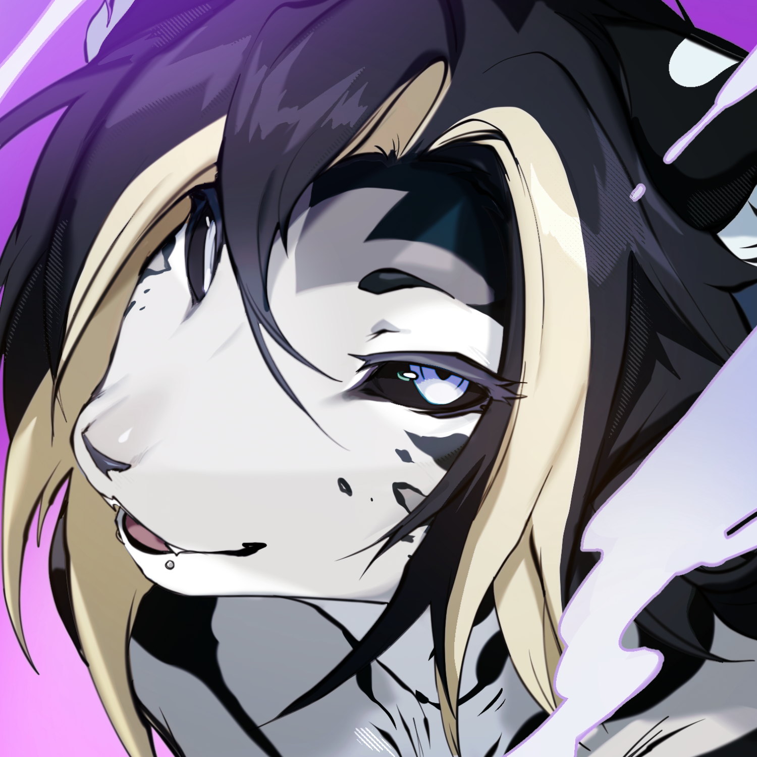 Anime-style illustration of a female canine humanoid with black and blonde hair, blue eyes, and wolf-like features, including ears, snout, and fur markings, against a purple background.