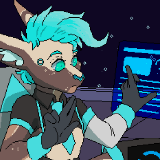 Pixel art depiction of an anthropomorphic character with blue hair and ears, working on a computer in a spaceship or sci-fi environment.