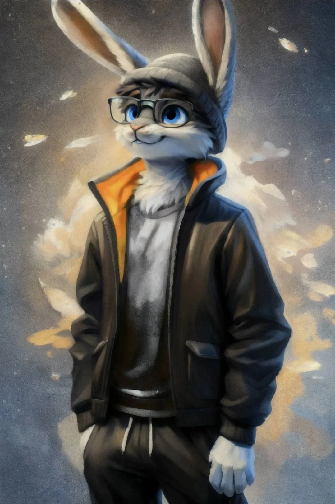A cartoon-style illustration of an anthropomorphic rabbit with blue eyes, wearing glasses, a gray beanie, a black leather jacket with a yellow lining, and gray pants with a drawstring. The rabbit is standing outdoors with a background of clouds and a starry sky.