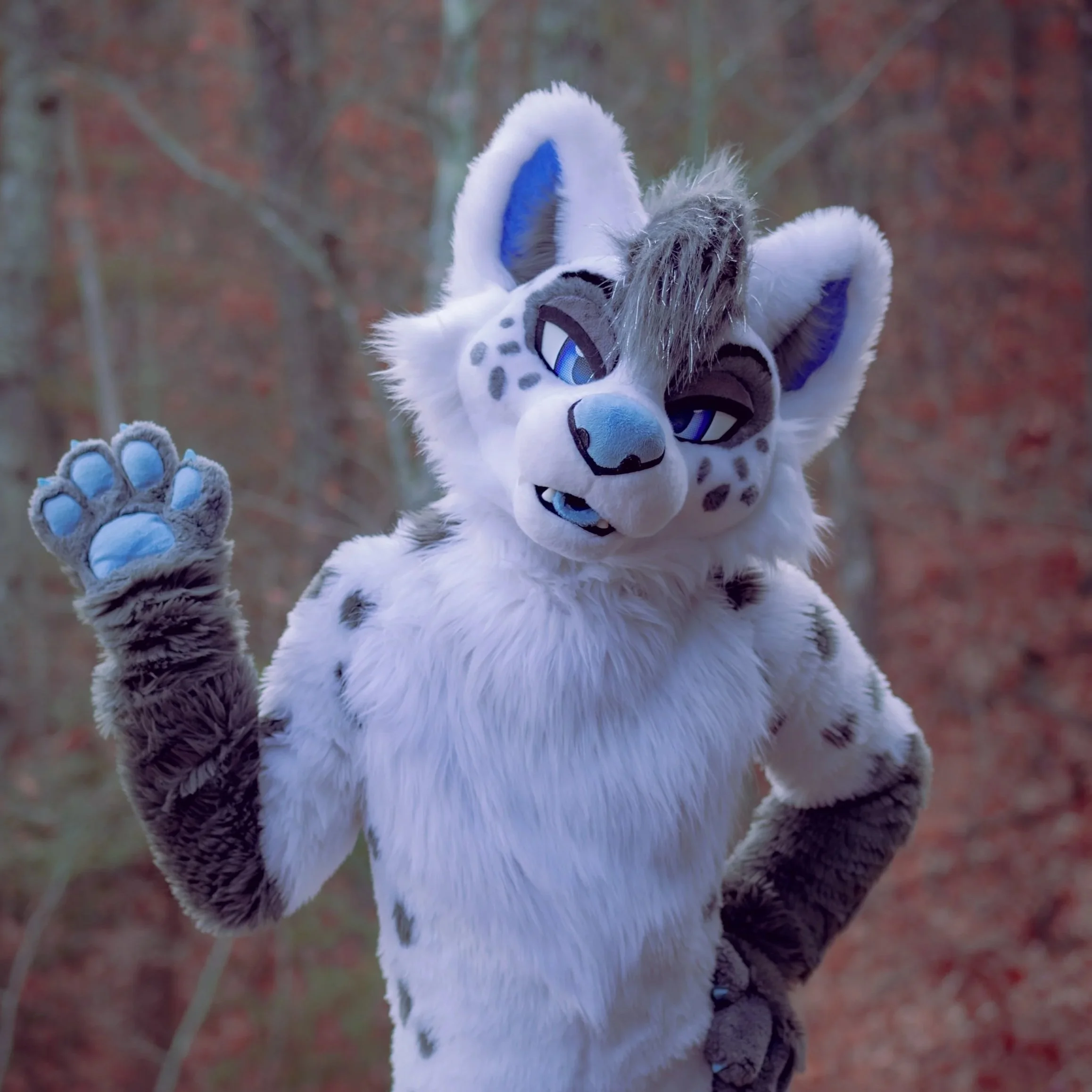 Person in a snowy white and black animal costume, resembling a lynx or wild cat, waving outdoors in front of trees with reddish leaves.