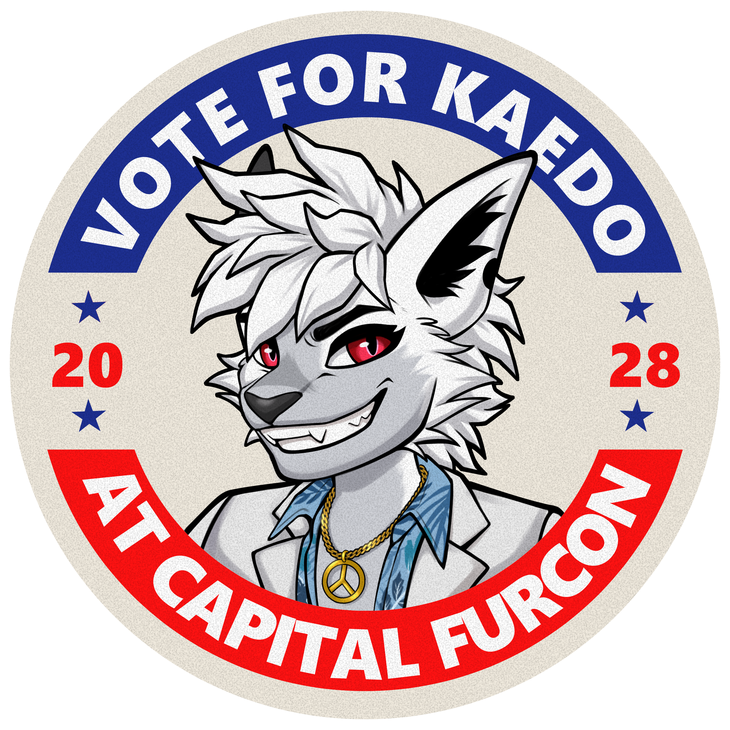 A circular political campaign design featuring an anthropomorphic fox with gray and white fur, red eyes, and a confident expression. The fox wears a beige blazer, a blue patterned shirt, and gold necklaces including a peace sign. The outer edge of the circle has text that reads 'Vote for Kaeido' at the top and 'At Capital Furcon' at the bottom, with the years '2028' on each side in red, and small dark blue stars between the text and the years.
