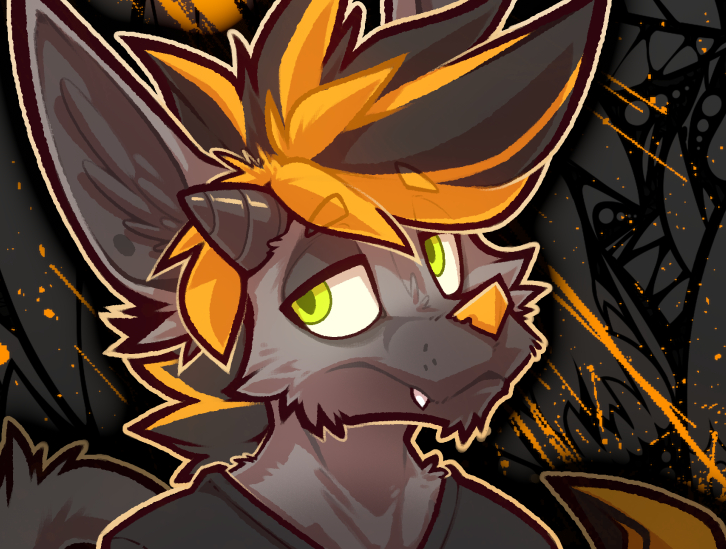 A cartoon-style anthropomorphic cat with gray fur, green eyes, and orange and black hair, wearing a dark top, set against a black and orange abstract background.